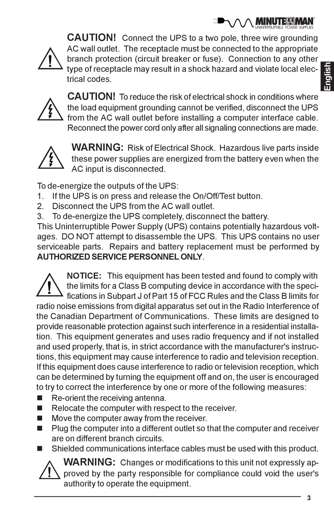 Minuteman UPS PRO-E user manual Authorized Service Personnel only 