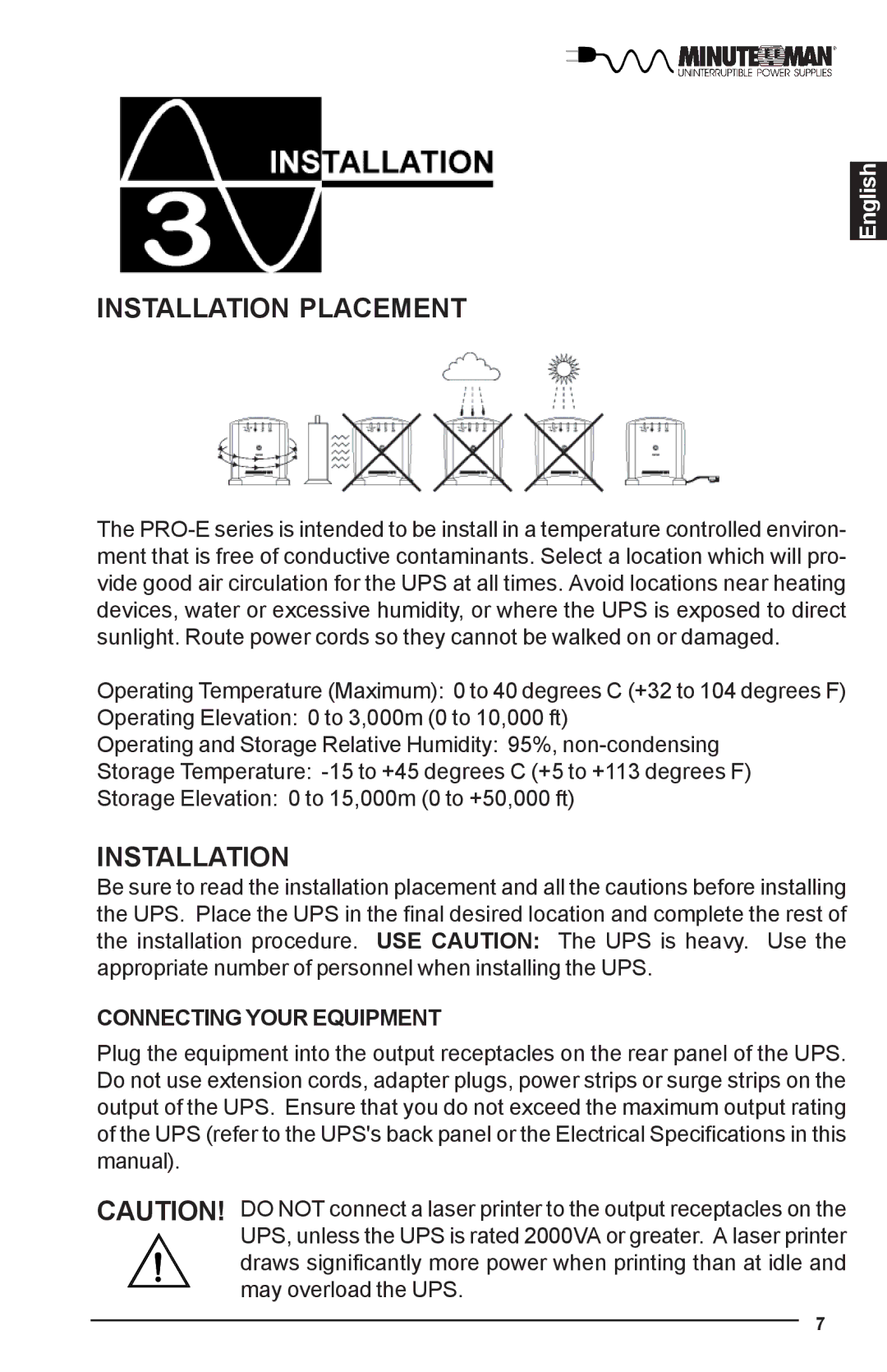 Minuteman UPS PRO-E user manual Installation Placement, Connecting Your Equipment 