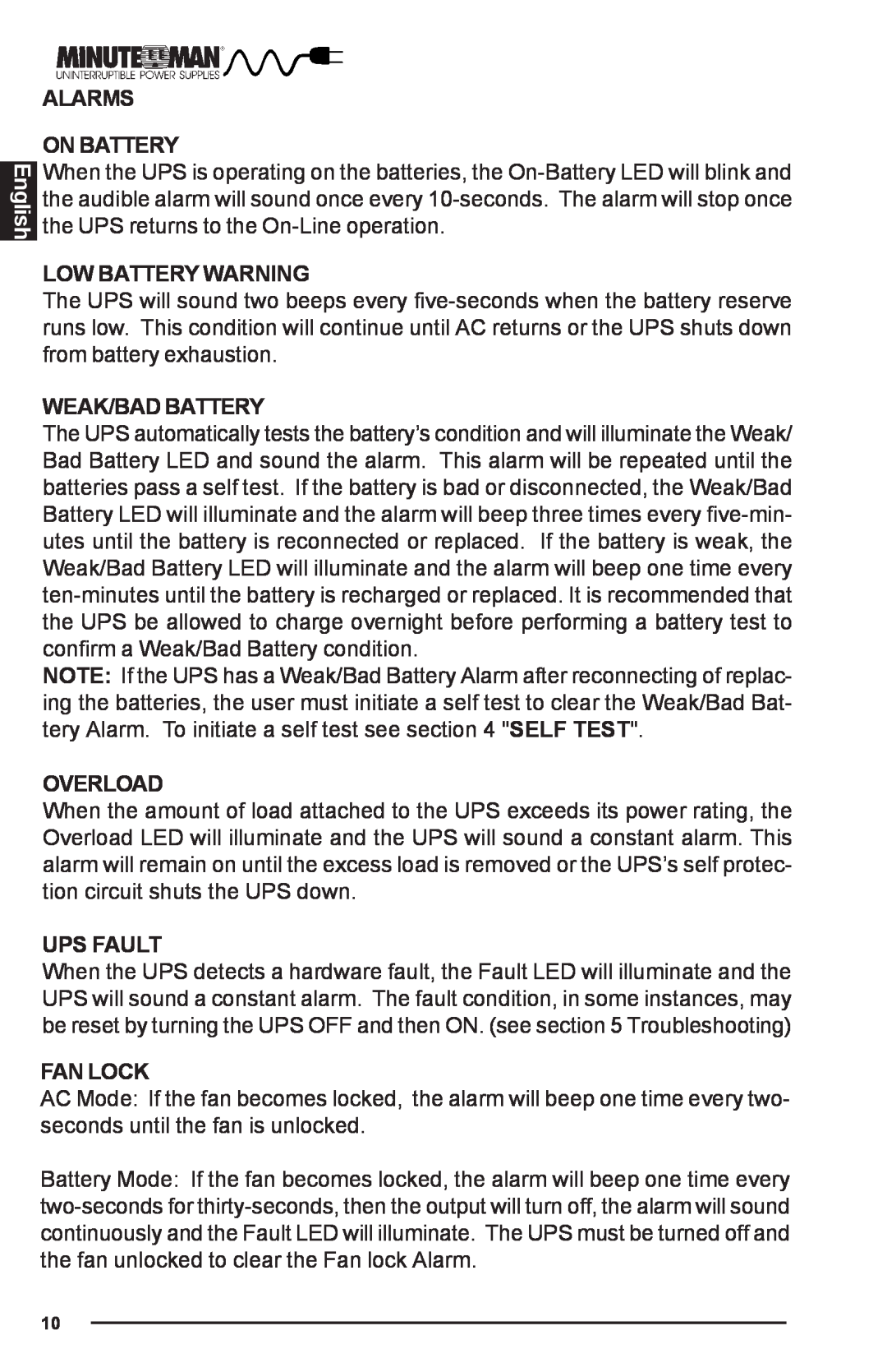Minuteman UPS PRO-E English, Alarms On Battery, Low Battery Warning, Weak/Bad Battery, Overload, Ups Fault, Fan Lock 
