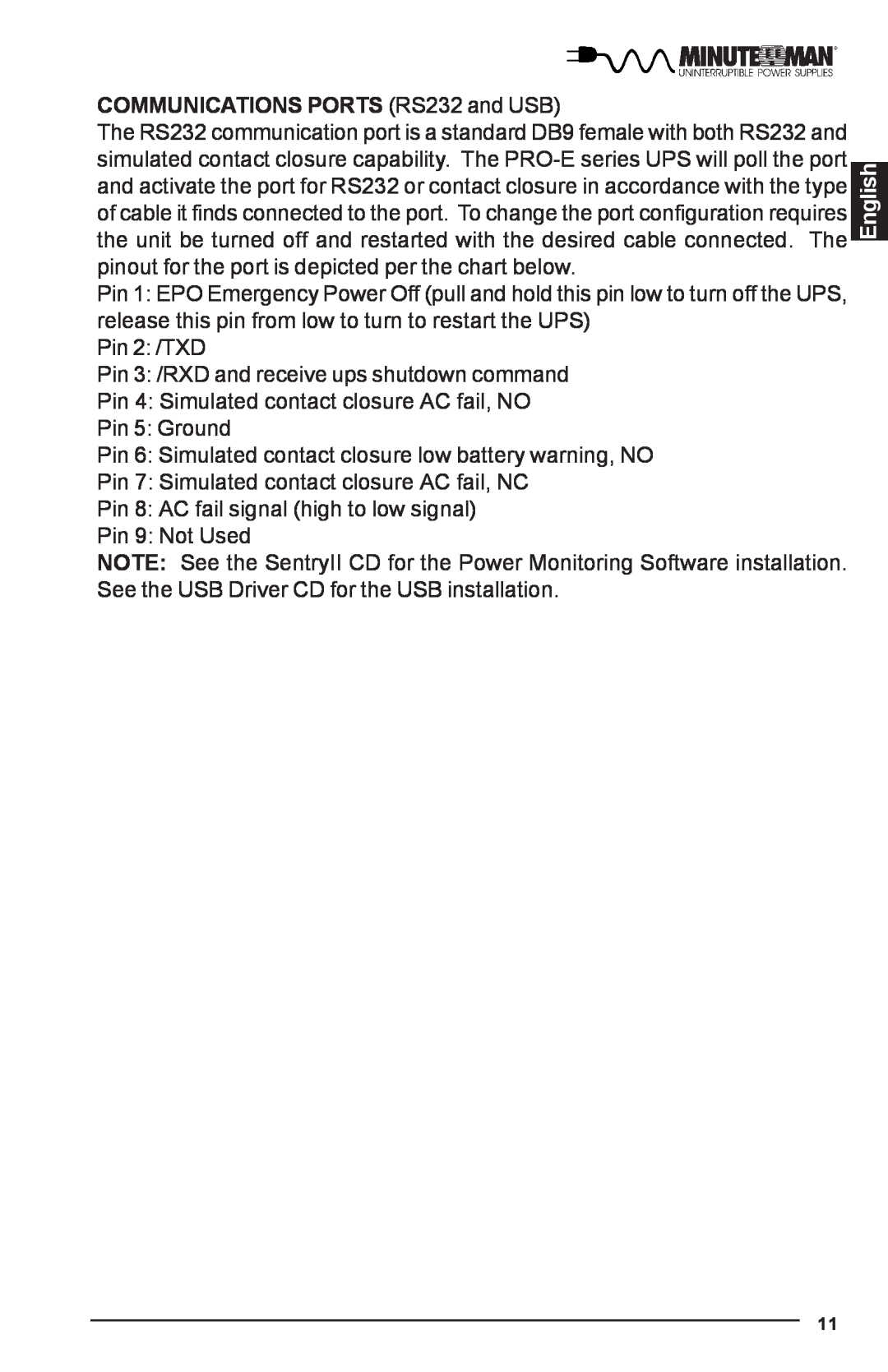 Minuteman UPS PRO-E user manual COMMUNICATIONS PORTS RS232 and USB, English 