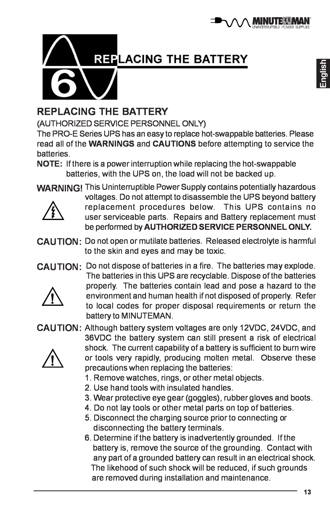Minuteman UPS PRO-E user manual Replacing The Battery, English 