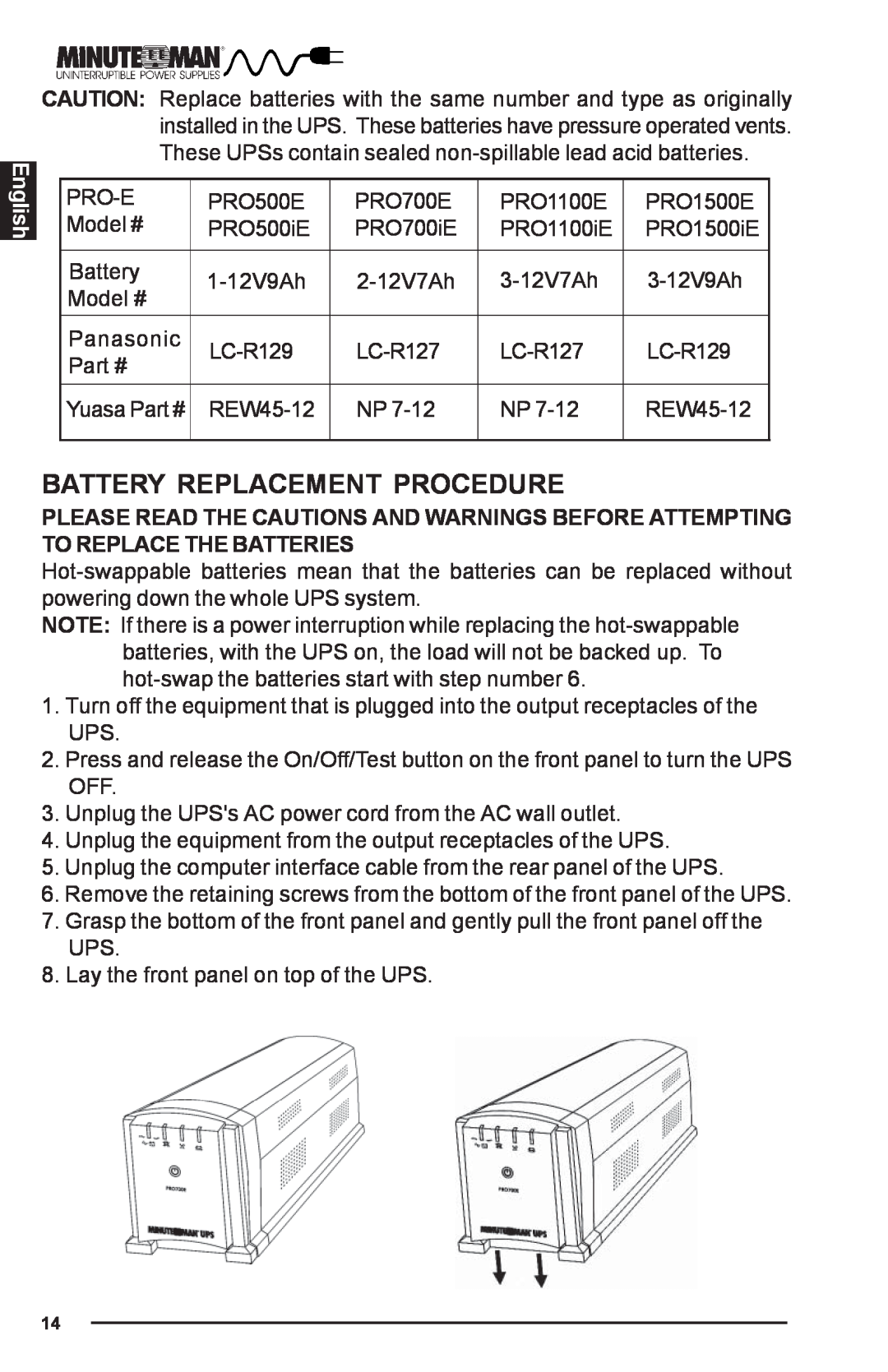 Minuteman UPS PRO-E user manual Battery Replacement Procedure, English, Yuasa 