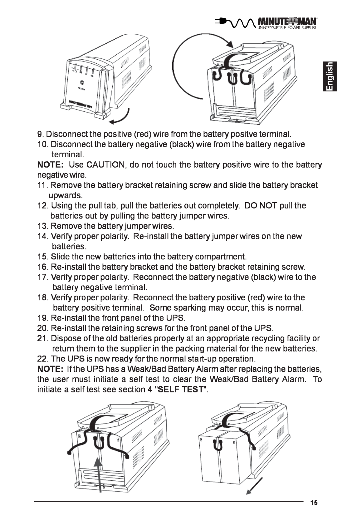 Minuteman UPS PRO-E user manual English, Disconnect the positive red wire from the battery positve terminal 