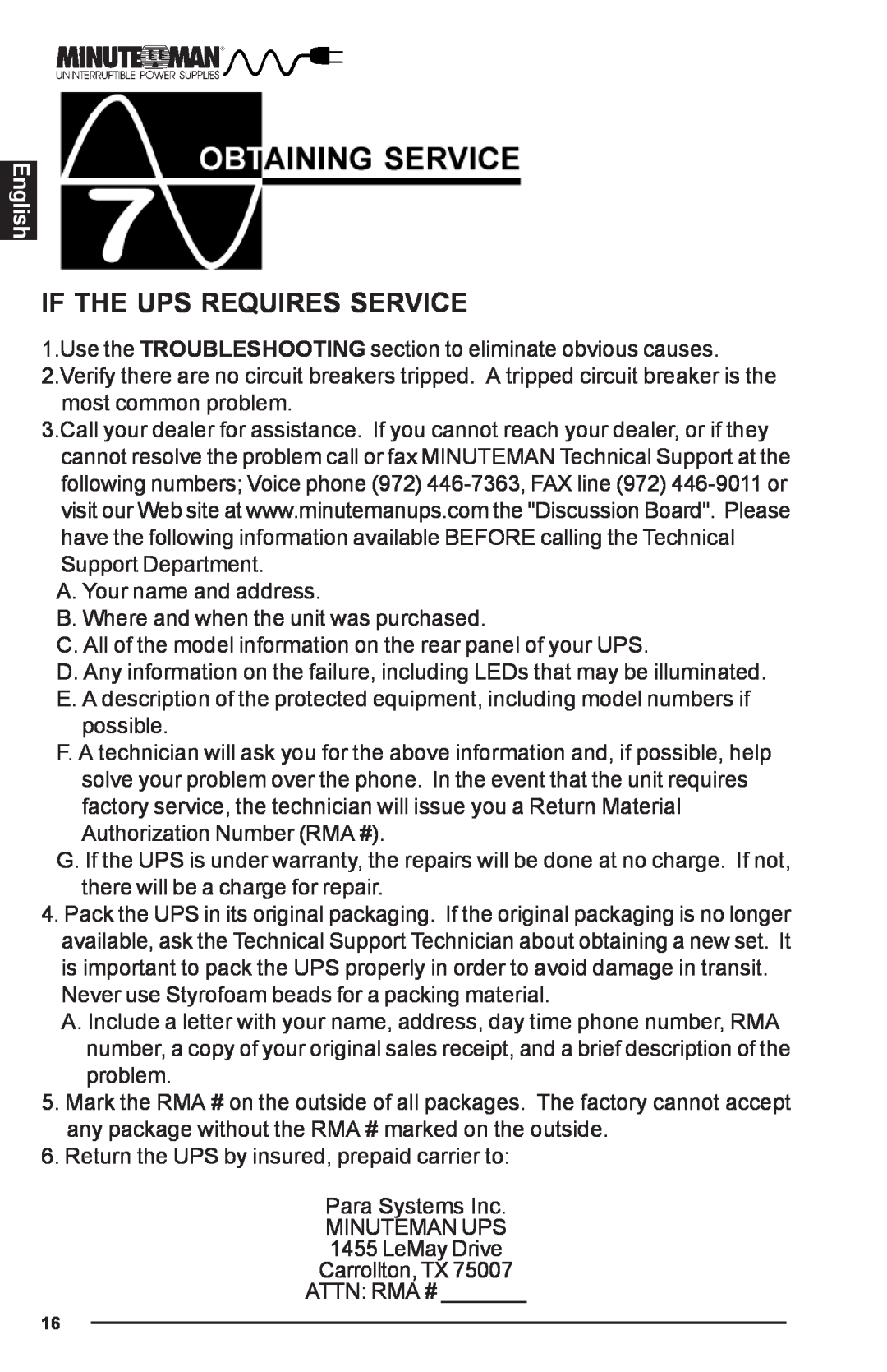 Minuteman UPS PRO-E user manual If The Ups Requires Service, English 