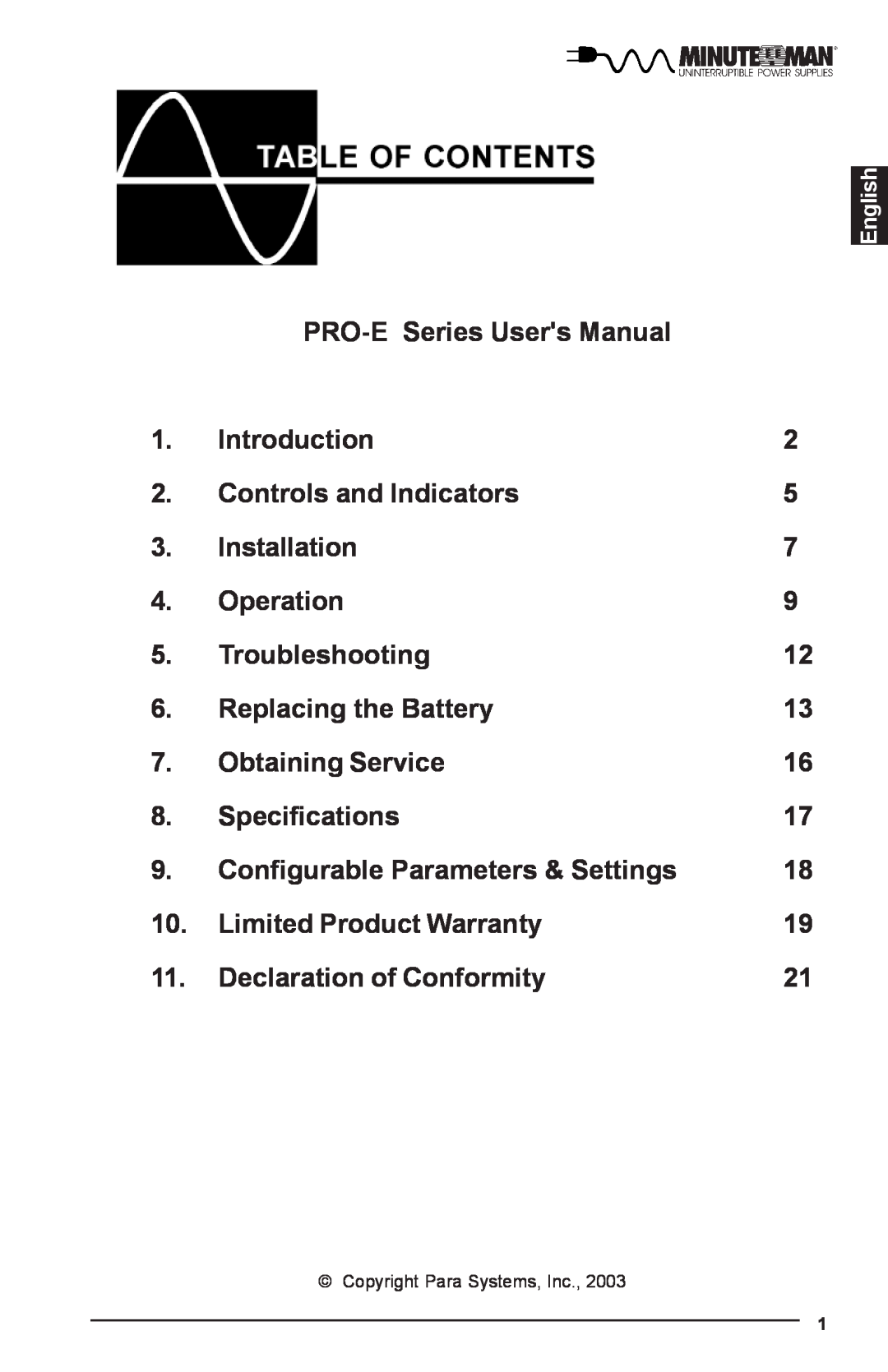 Minuteman UPS user manual PRO-E Series Users Manual 