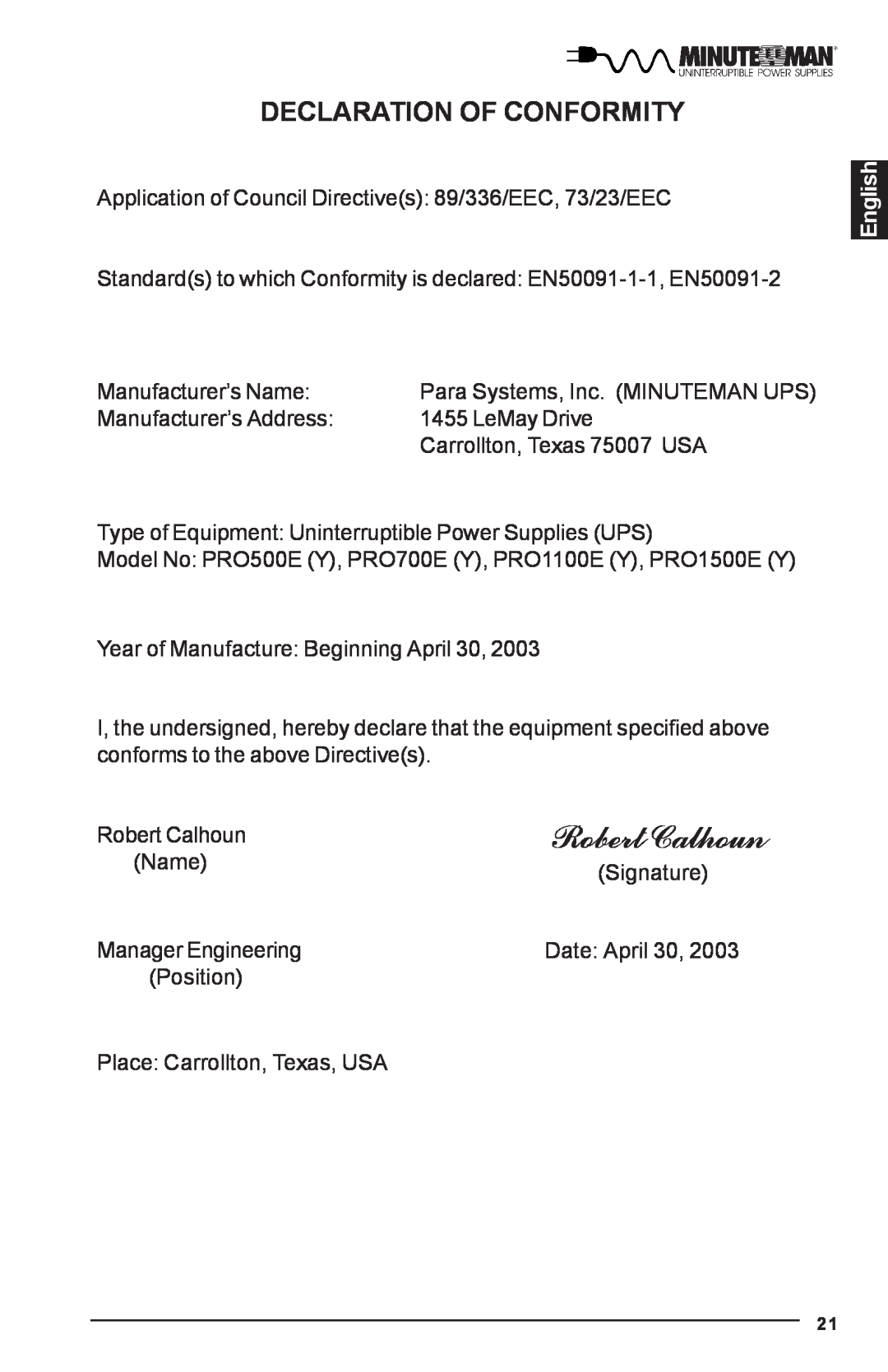 Minuteman UPS PRO-E user manual Robert Calhoun, Declaration Of Conformity, English 