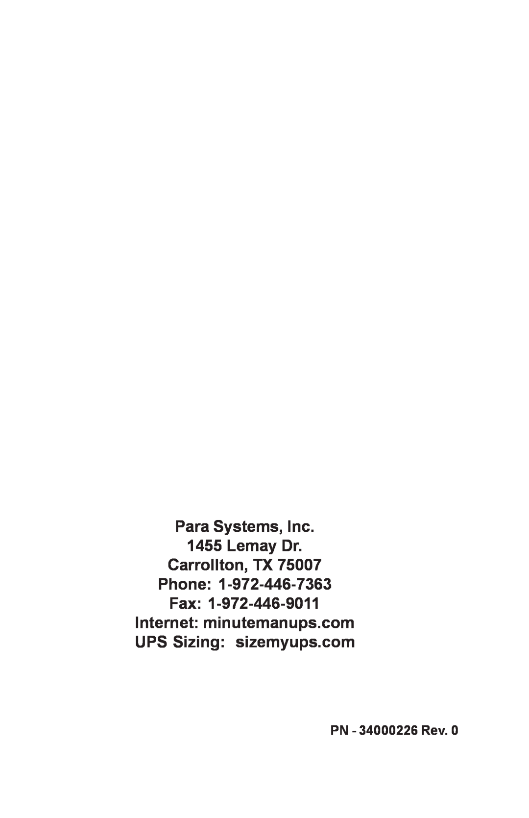 Minuteman UPS PRO-E user manual Para Systems, Inc 1455 Lemay Dr Carrollton, TX Phone Fax, PN - 34000226 Rev 