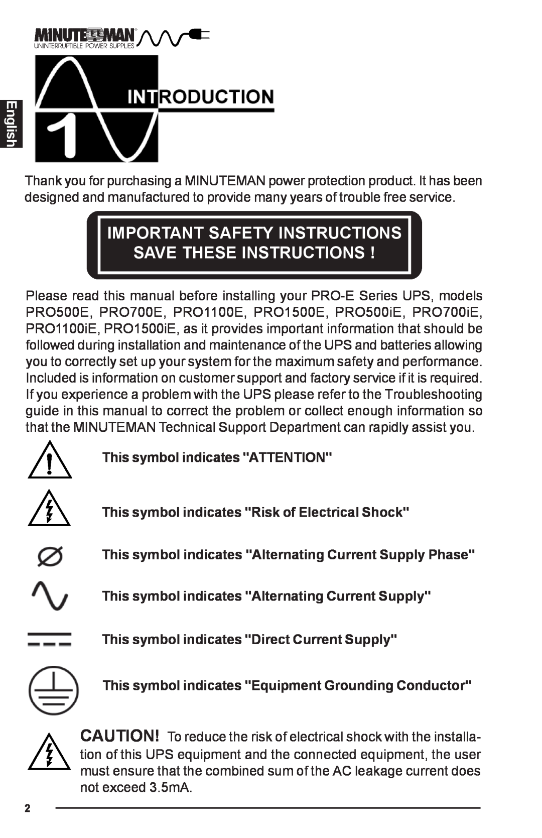 Minuteman UPS PRO-E Important Safety Instructions Save These Instructions, English, This symbol indicates ATTENTION 