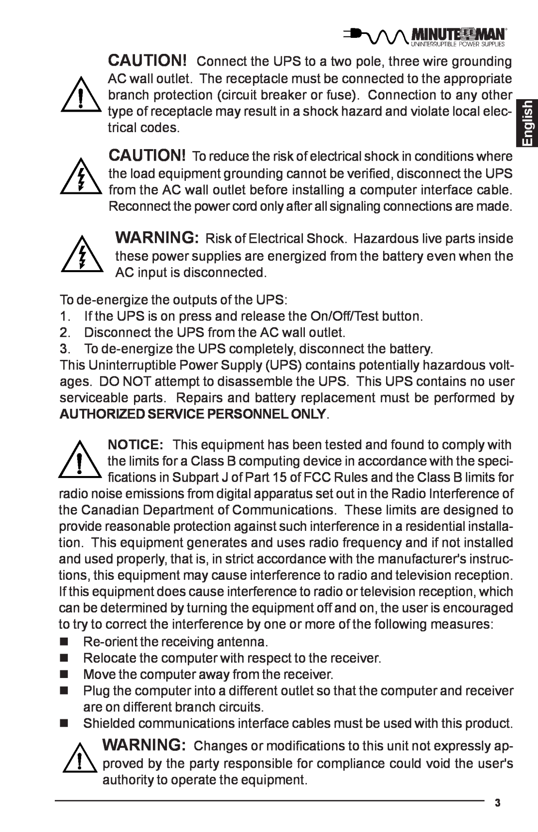 Minuteman UPS PRO-E user manual English, Authorized Service Personnel Only 