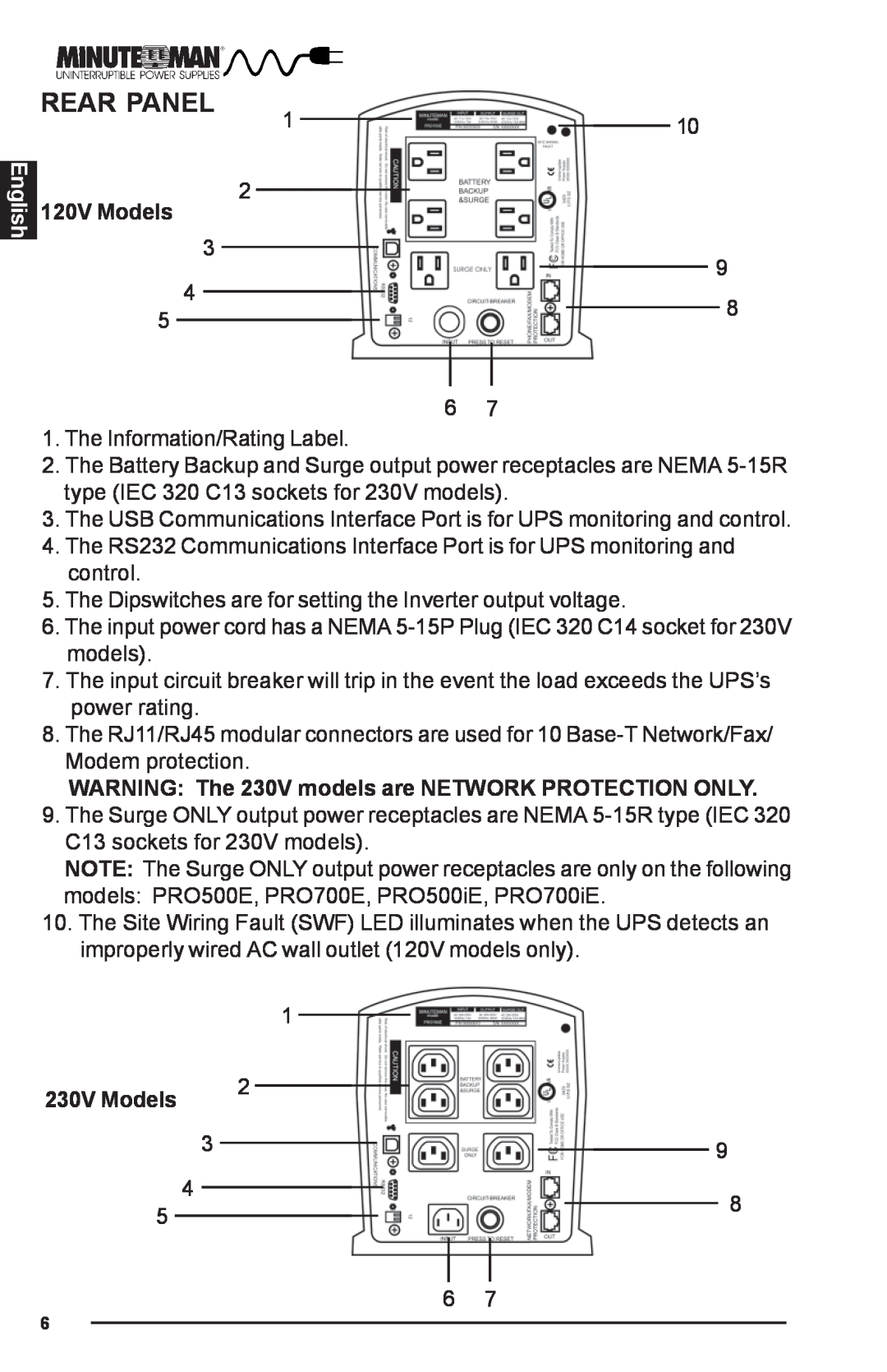 Minuteman UPS PRO-E Rear Panel, English, 120V Models, WARNING The 230V models are NETWORK PROTECTION ONLY, 230V Models 