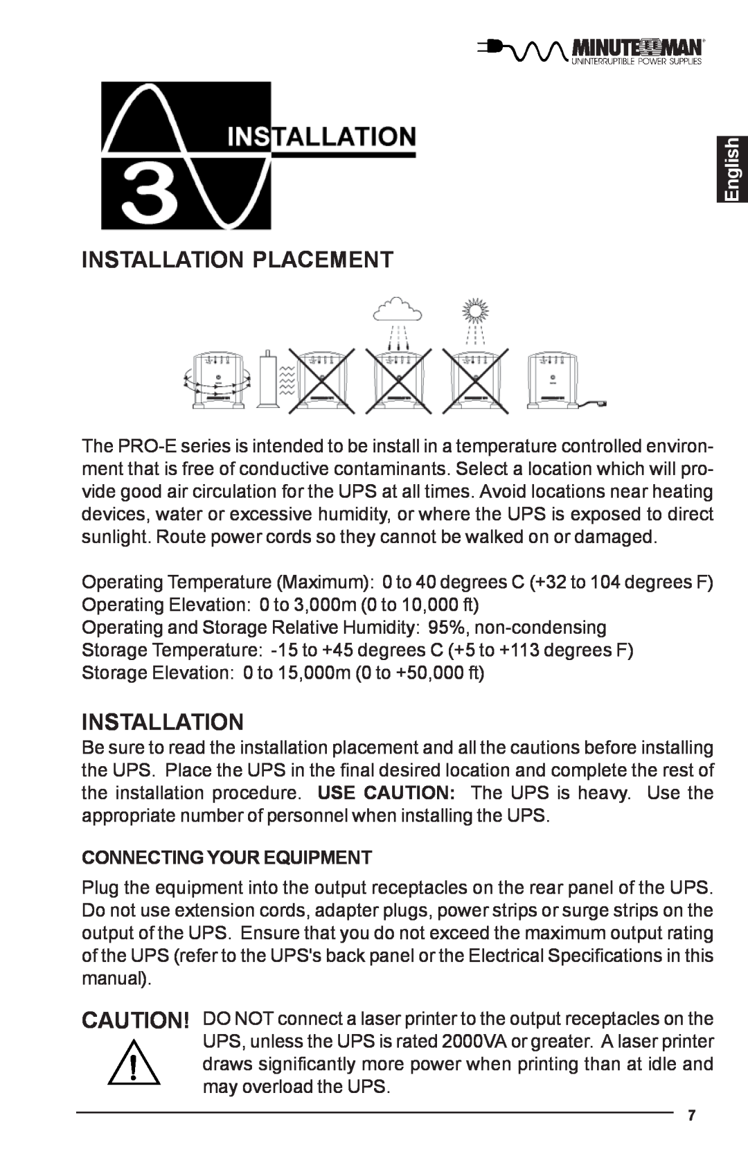 Minuteman UPS PRO-E user manual Installation Placement, English, Connecting Your Equipment 