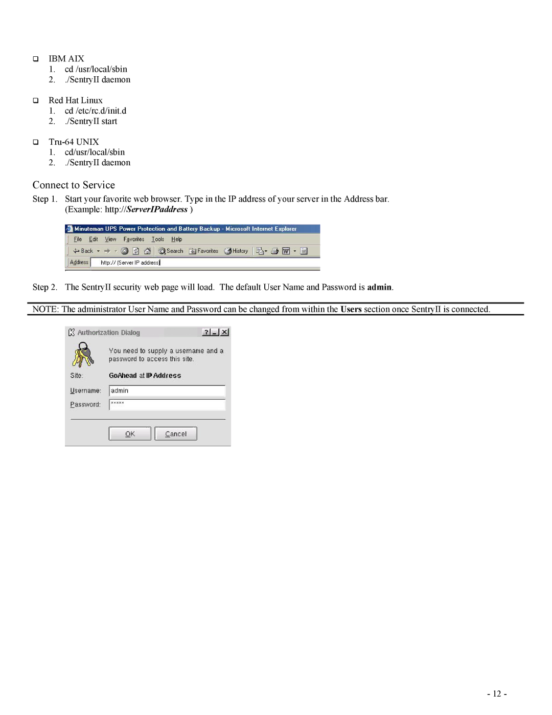 Minuteman UPS SentryII UPS user manual Connect to Service 