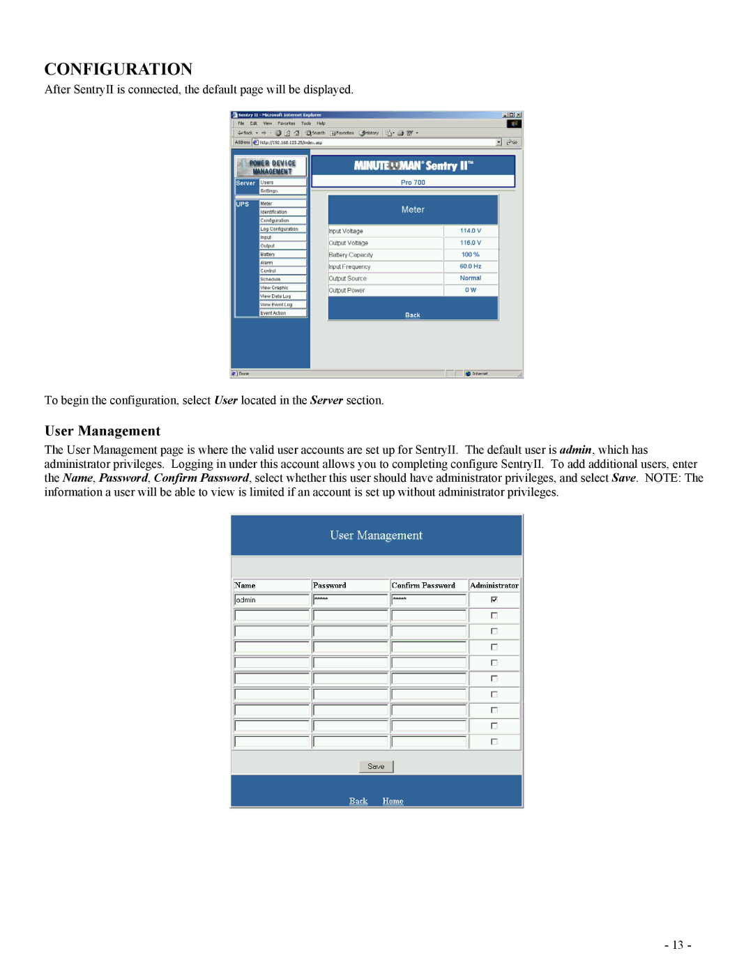 Minuteman UPS SentryII UPS user manual Configuration, User Management 