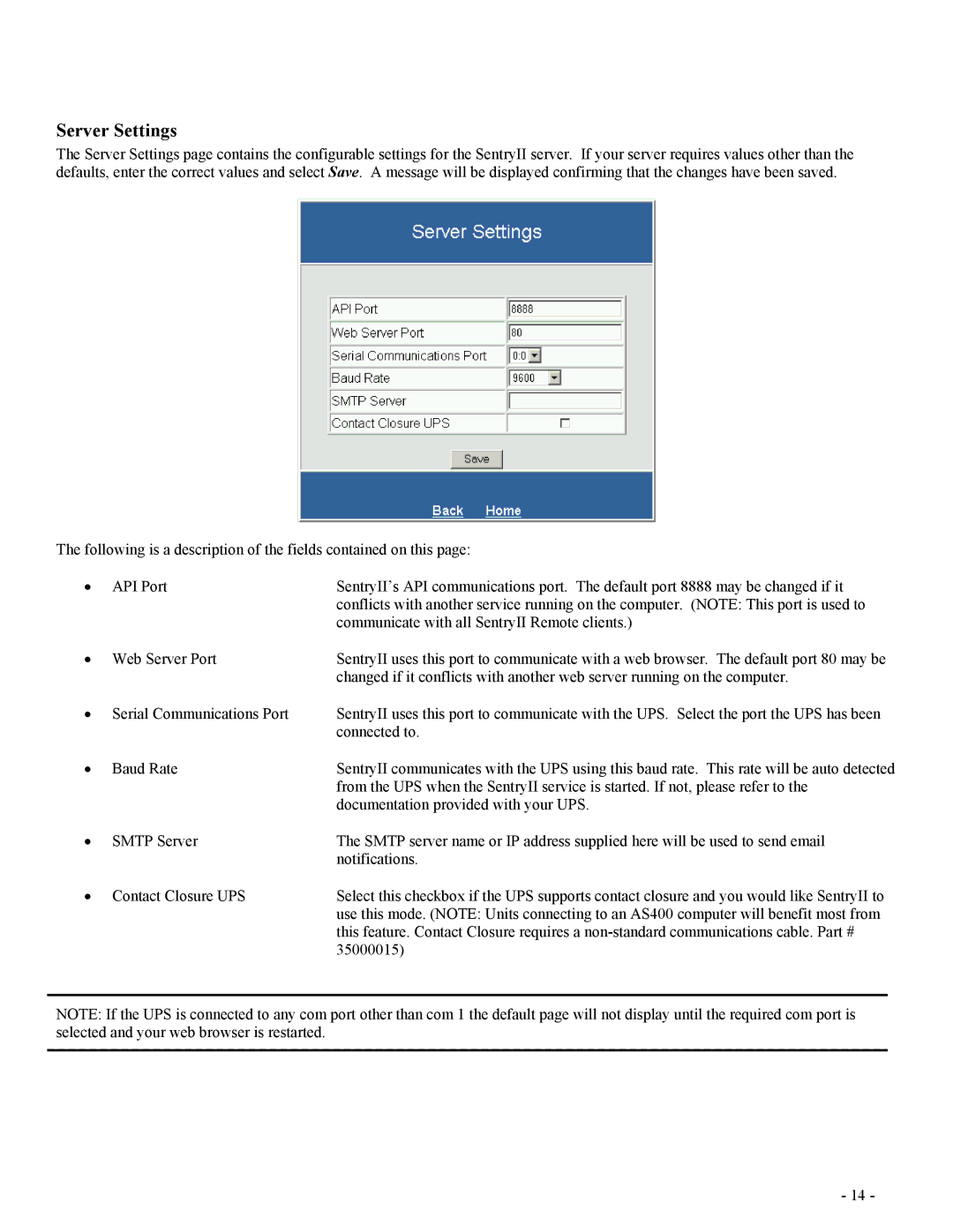 Minuteman UPS SentryII UPS user manual Server Settings 