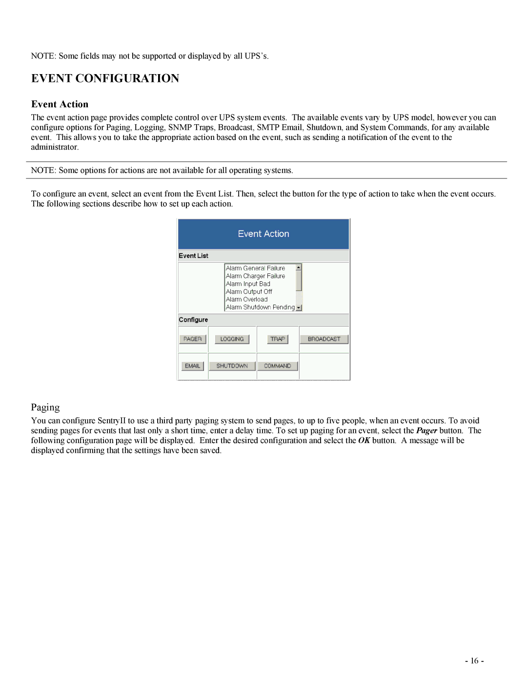 Minuteman UPS SentryII UPS user manual Event Configuration, Event Action, Paging 