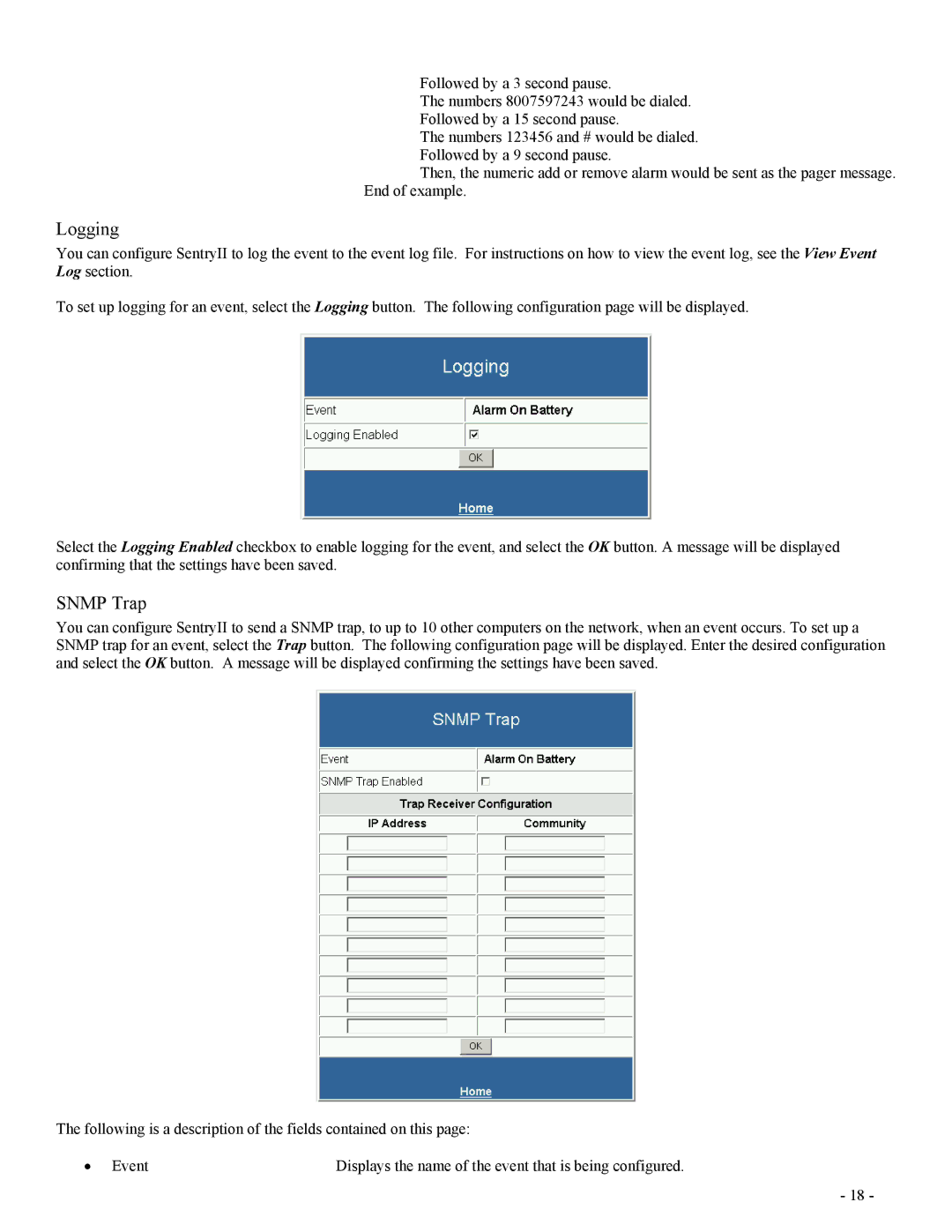 Minuteman UPS SentryII UPS user manual Logging, Snmp Trap 