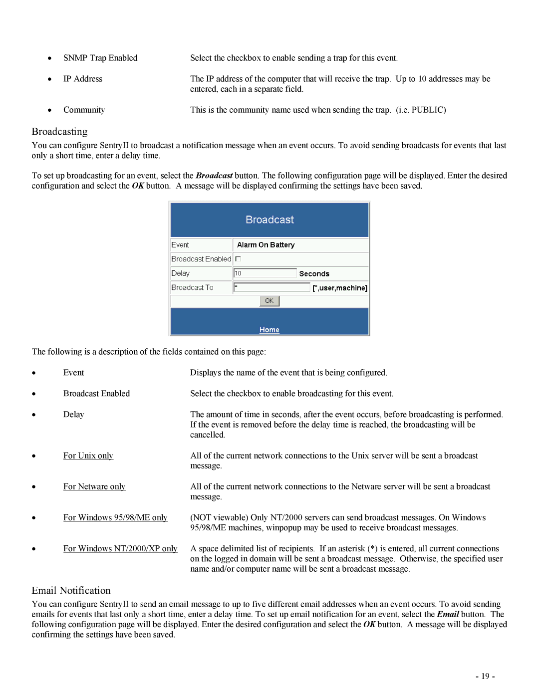 Minuteman UPS SentryII UPS user manual Broadcasting, Email Notification 