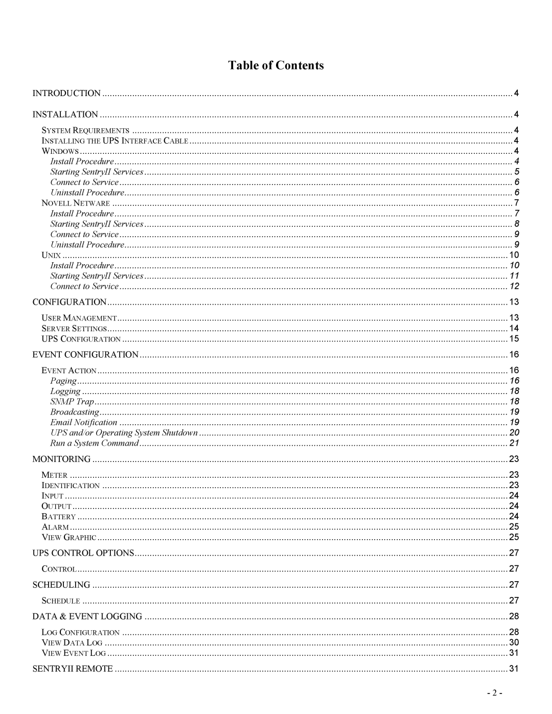 Minuteman UPS SentryII UPS user manual Table of Contents 