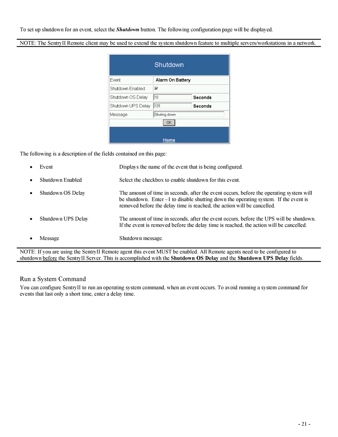 Minuteman UPS SentryII UPS user manual Run a System Command 