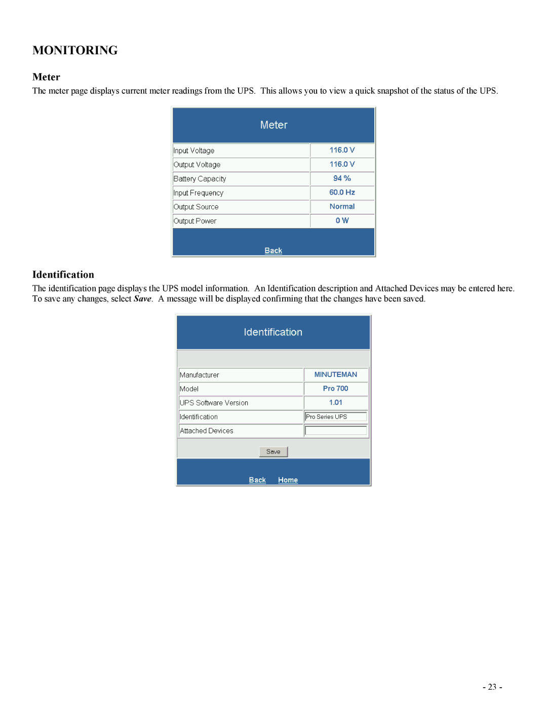 Minuteman UPS SentryII UPS user manual Monitoring, Meter, Identification 