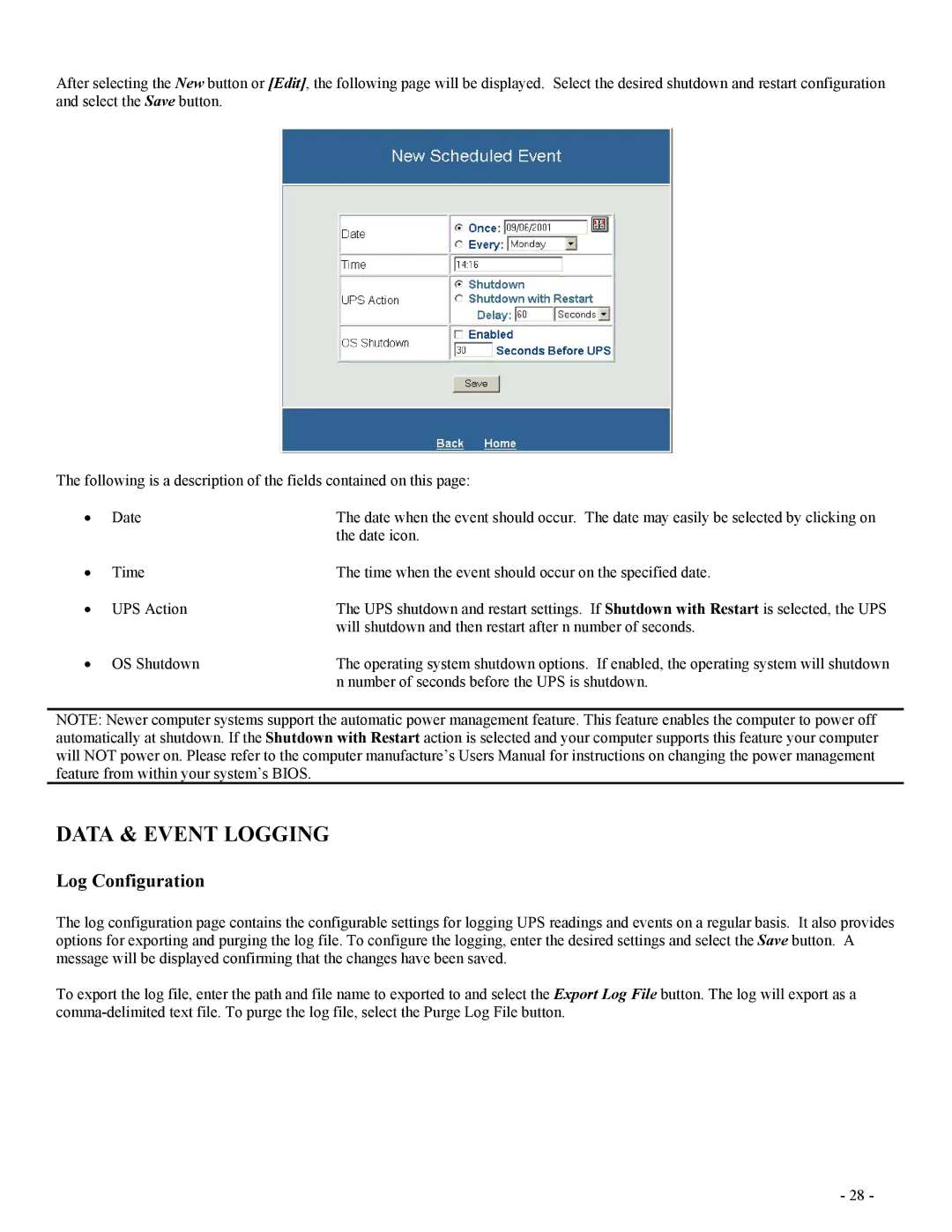 Minuteman UPS SentryII UPS user manual Data & Event Logging, Log Configuration 