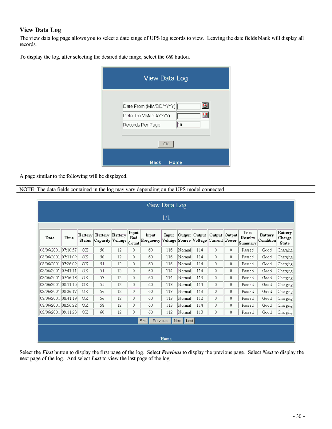 Minuteman UPS SentryII UPS user manual View Data Log 