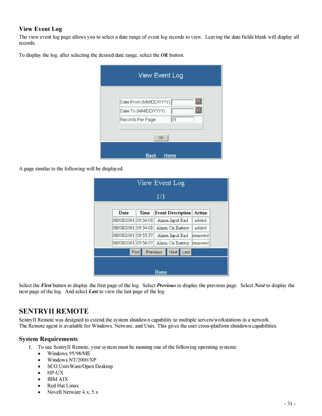 Minuteman UPS SentryII UPS user manual Sentryii Remote, View Event Log 