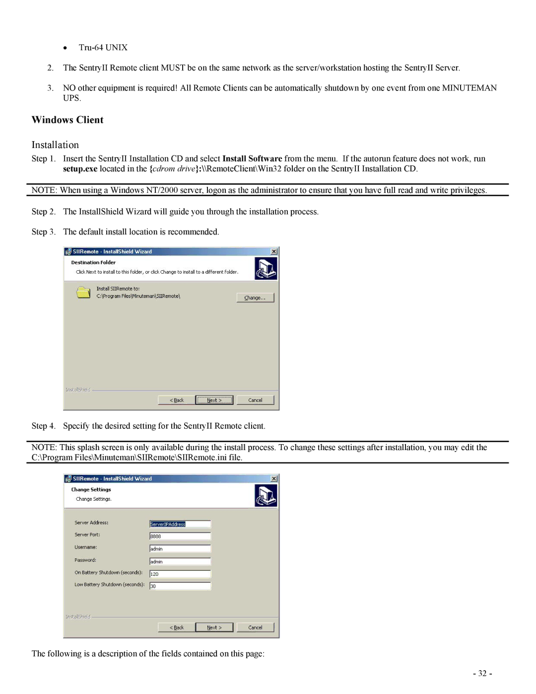 Minuteman UPS SentryII UPS user manual Windows Client, Installation 