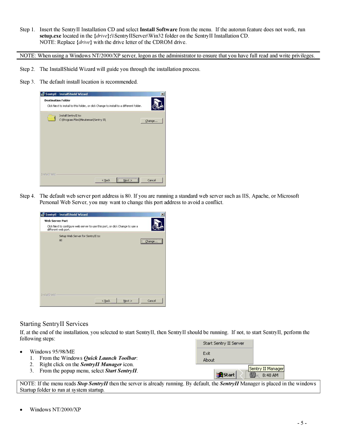 Minuteman UPS SentryII UPS user manual Starting SentryII Services, From the Windows Quick Launch Toolbar 