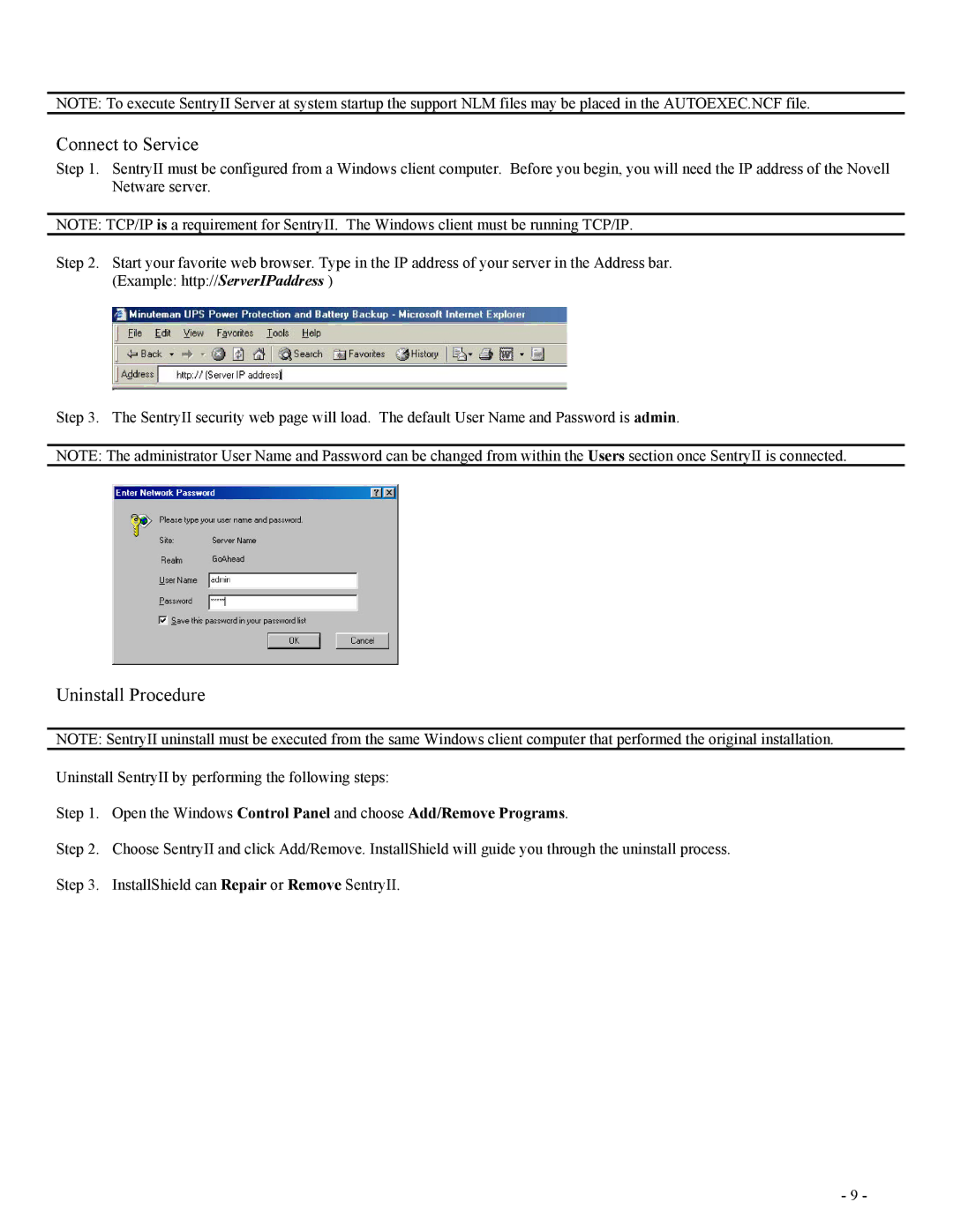 Minuteman UPS SentryII UPS user manual Connect to Service 