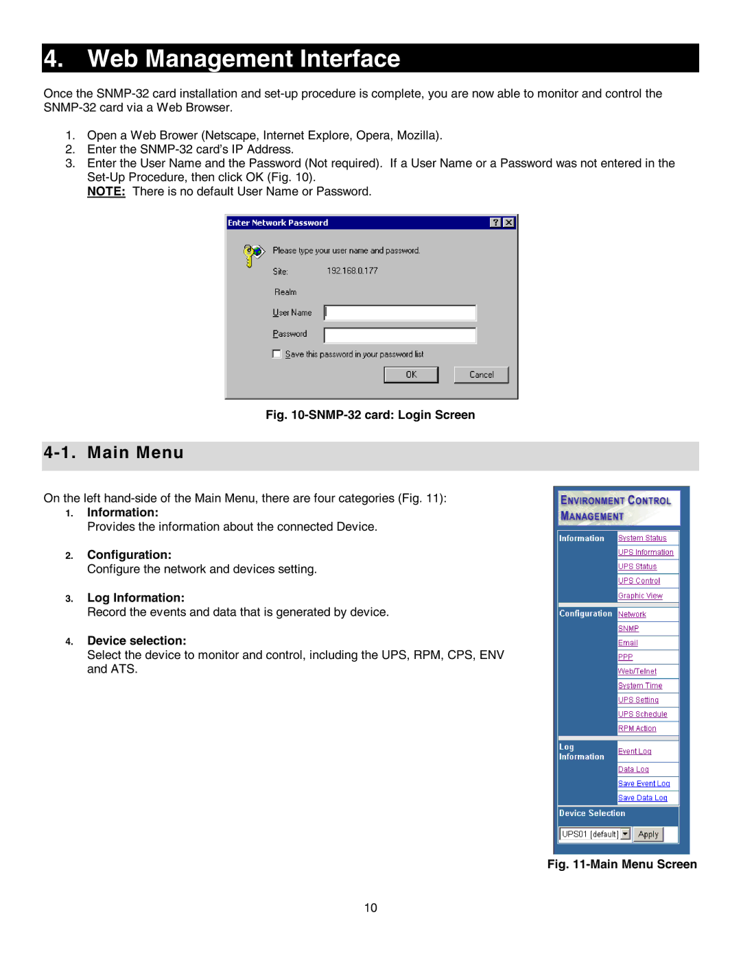 Minuteman UPS SNMP-32 Series user manual Web Management Interface, Main Menu 