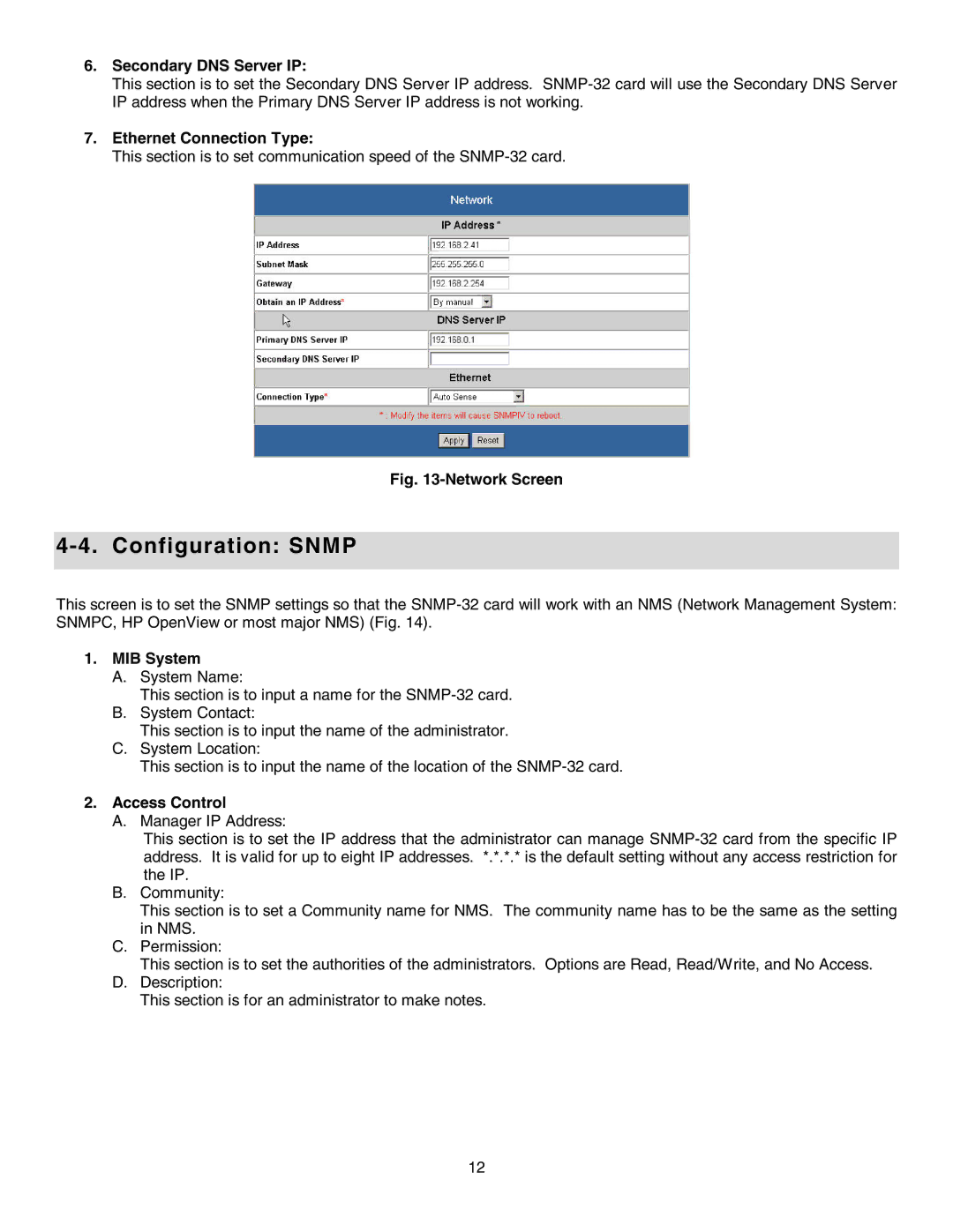 Minuteman UPS SNMP-32 Series user manual Configuration Snmp, Secondary DNS Server IP, Ethernet Connection Type, MIB System 