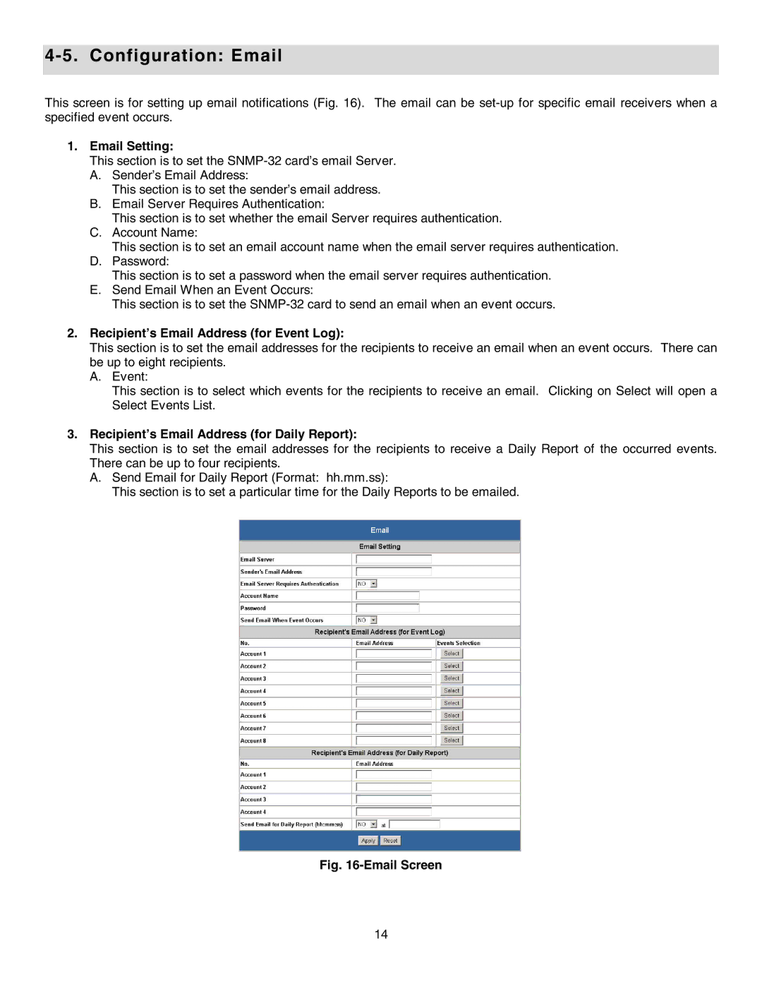 Minuteman UPS SNMP-32 Series user manual Configuration Email, Email Setting, Recipient’s Email Address for Event Log 