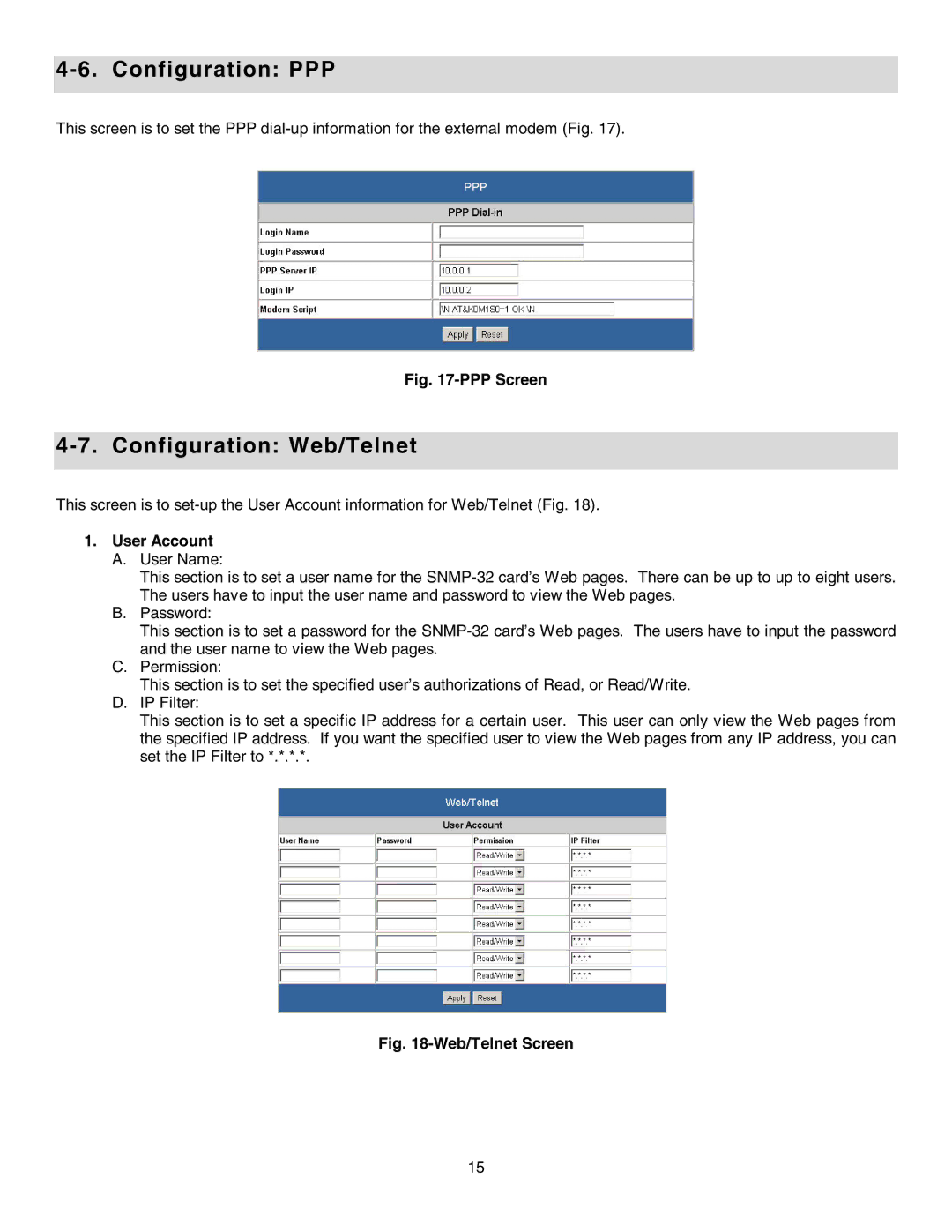 Minuteman UPS SNMP-32 Series user manual Configuration PPP, Configuration Web/Telnet, User Account 