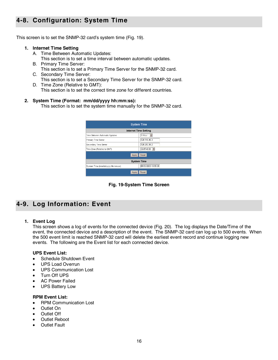 Minuteman UPS SNMP-32 Series user manual Configuration System Time, Log Information Event 