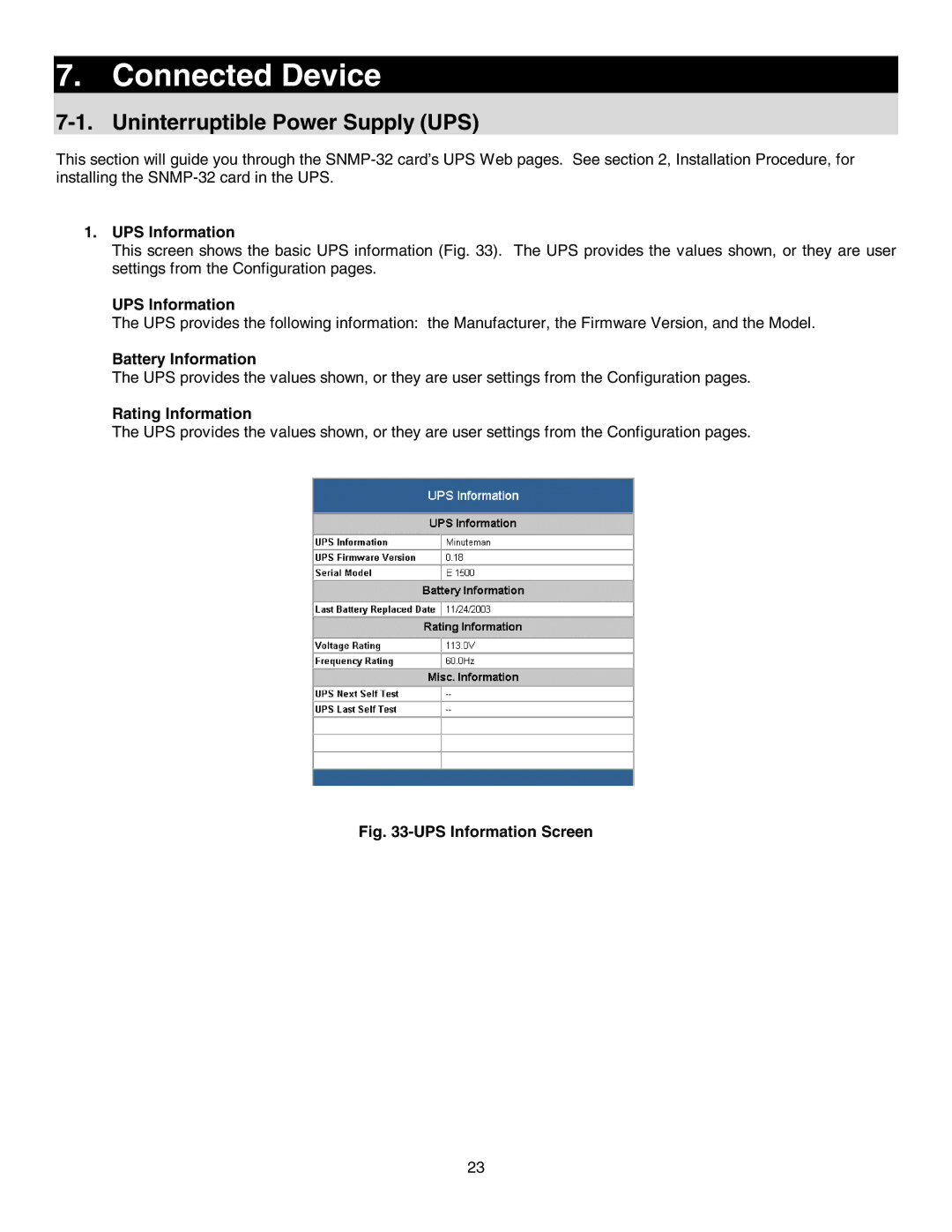 Minuteman UPS SNMP-32 Series Connected Device, Uninterruptible Power Supply UPS, UPS Information, Battery Information 