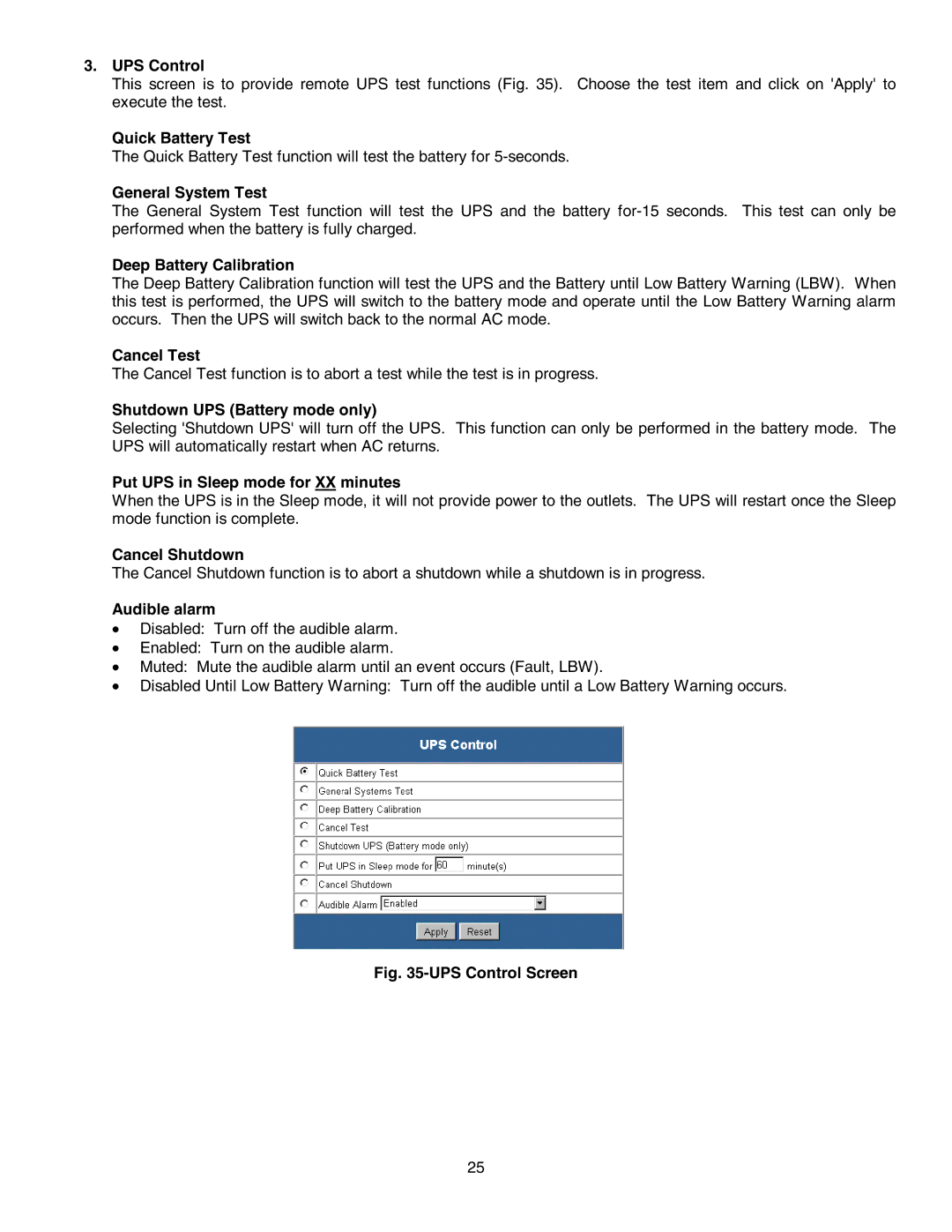 Minuteman UPS SNMP-32 Series UPS Control, Quick Battery Test, General System Test, Deep Battery Calibration, Cancel Test 