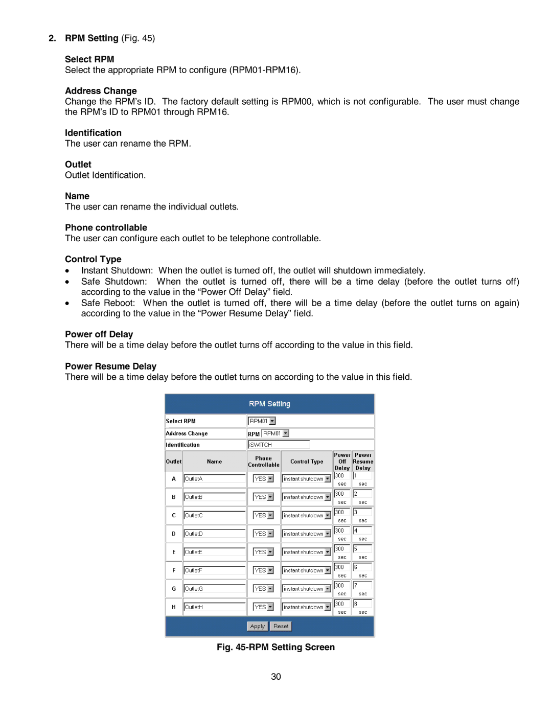 Minuteman UPS SNMP-32 Series RPM Setting Fig Select RPM, Address Change, Identification, Outlet, Name, Phone controllable 