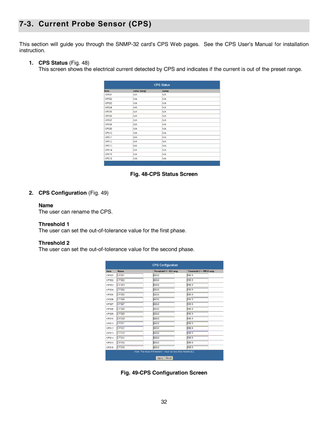 Minuteman UPS SNMP-32 Series user manual Current Probe Sensor CPS, CPS Status Fig, Threshold 