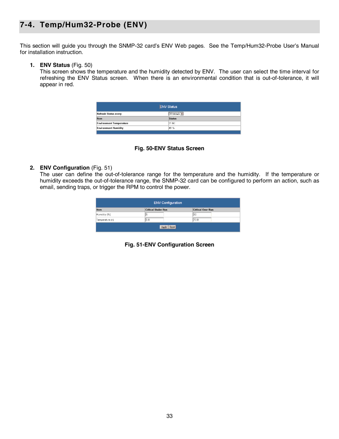 Minuteman UPS SNMP-32 Series user manual Temp/Hum32-Probe ENV, ENV Status Fig 