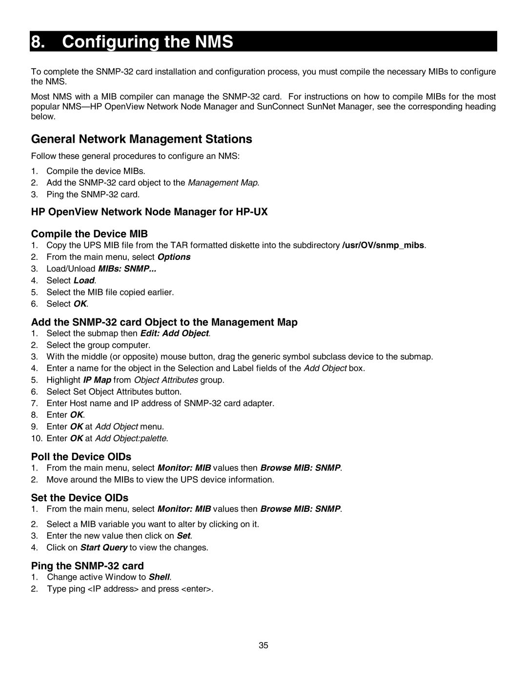 Minuteman UPS SNMP-32 Series user manual Configuring the NMS, General Network Management Stations 