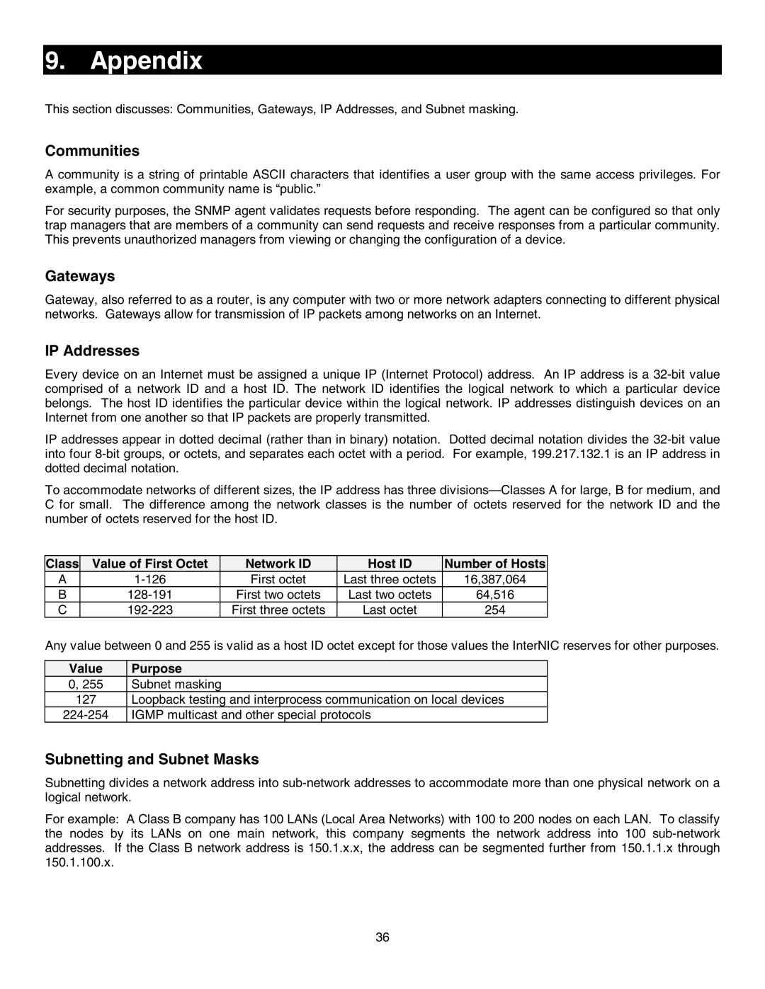 Minuteman UPS SNMP-32 Series user manual Appendix, Communities, Gateways, IP Addresses, Subnetting and Subnet Masks 