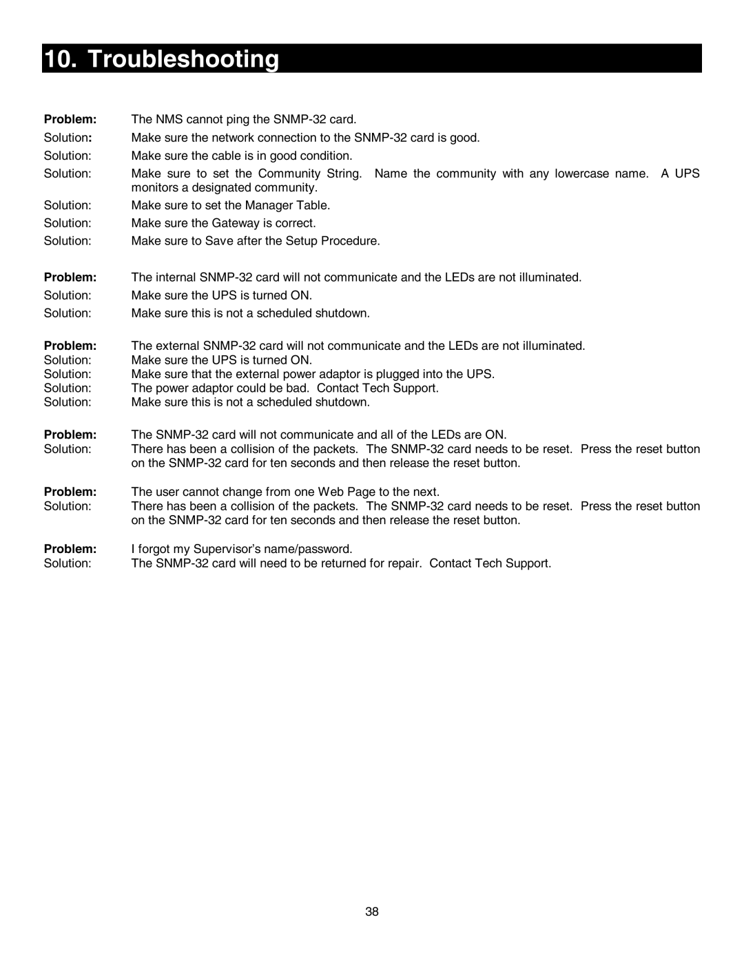 Minuteman UPS SNMP-32 Series user manual Troubleshooting, Problem 