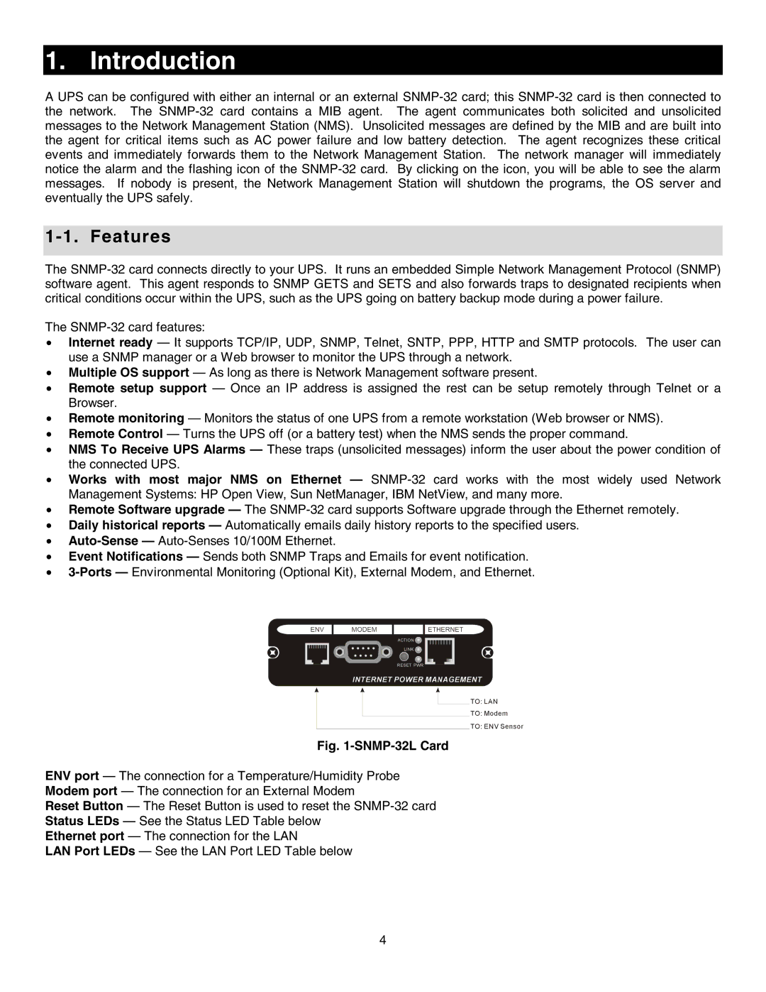 Minuteman UPS SNMP-32 Series user manual Introduction, Features 