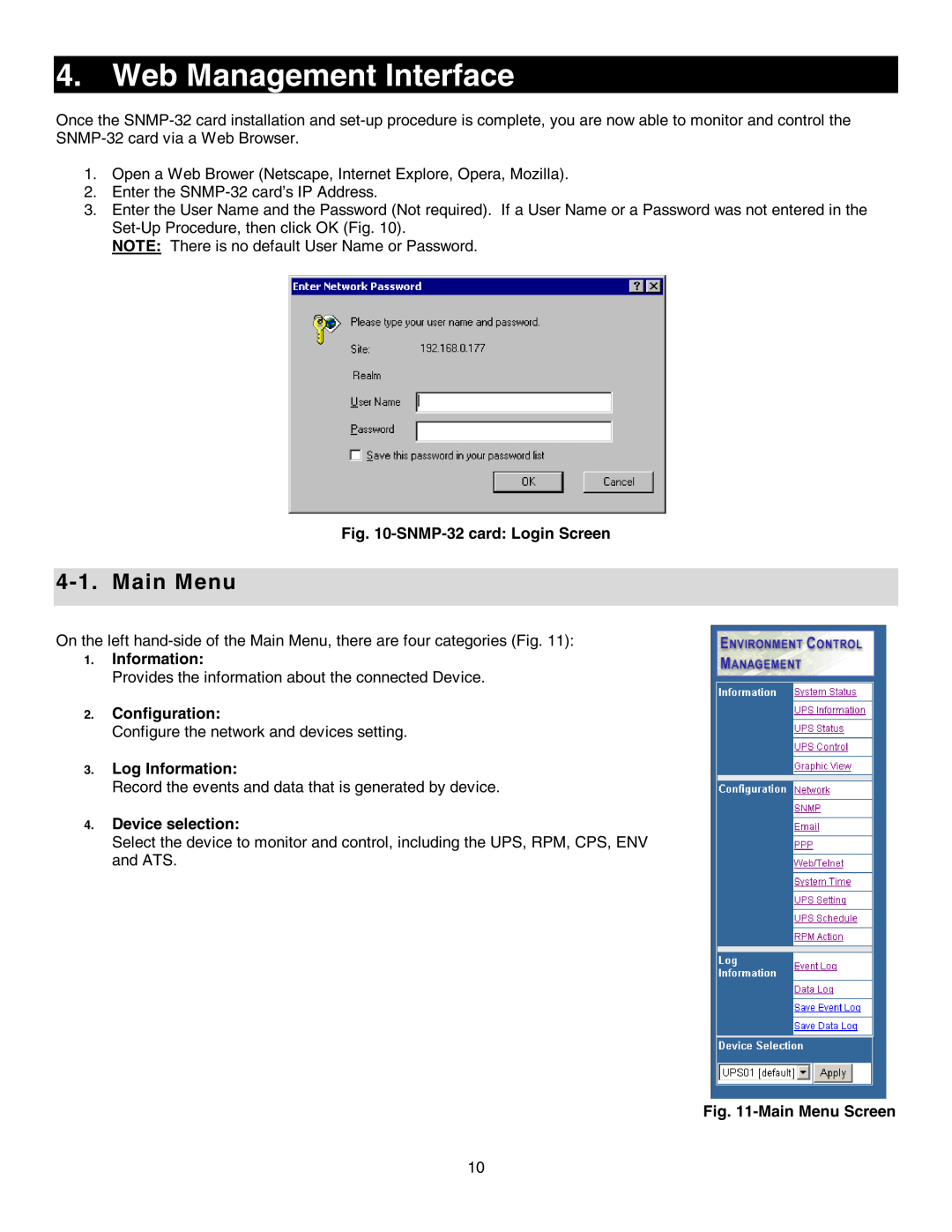 Minuteman UPS SNMP-32 Series Web Management Interface, Main Menu, SNMP-32 card Login Screen, Information, Configuration 