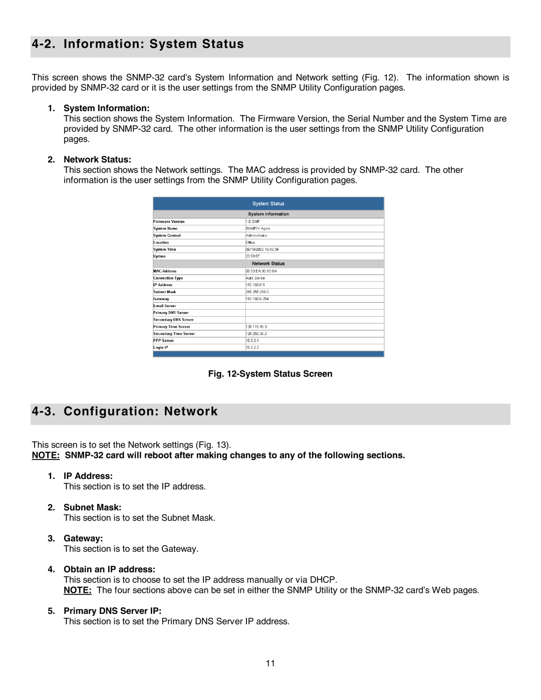 Minuteman UPS SNMP-32 Series Information System Status, Configuration Network, System Information, Network Status, Gateway 