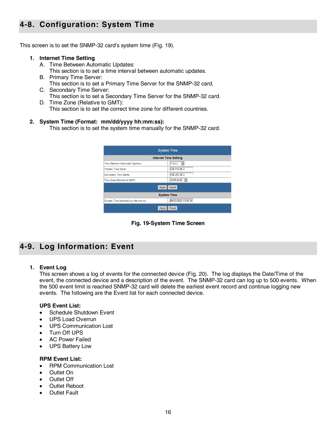 Minuteman UPS SNMP-32 Series Configuration System Time, Log Information Event, Internet Time Setting, System Time Screen 