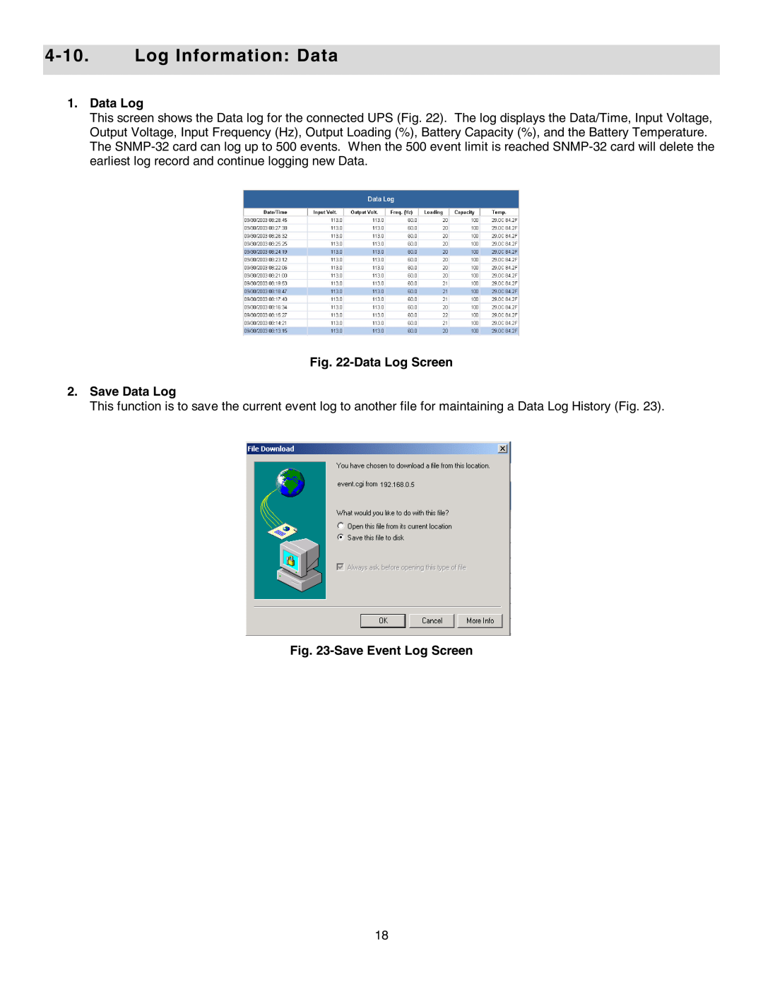 Minuteman UPS SNMP-32 Series user manual Log Information Data, Data Log Screen 2. Save Data Log, Save Event Log Screen 