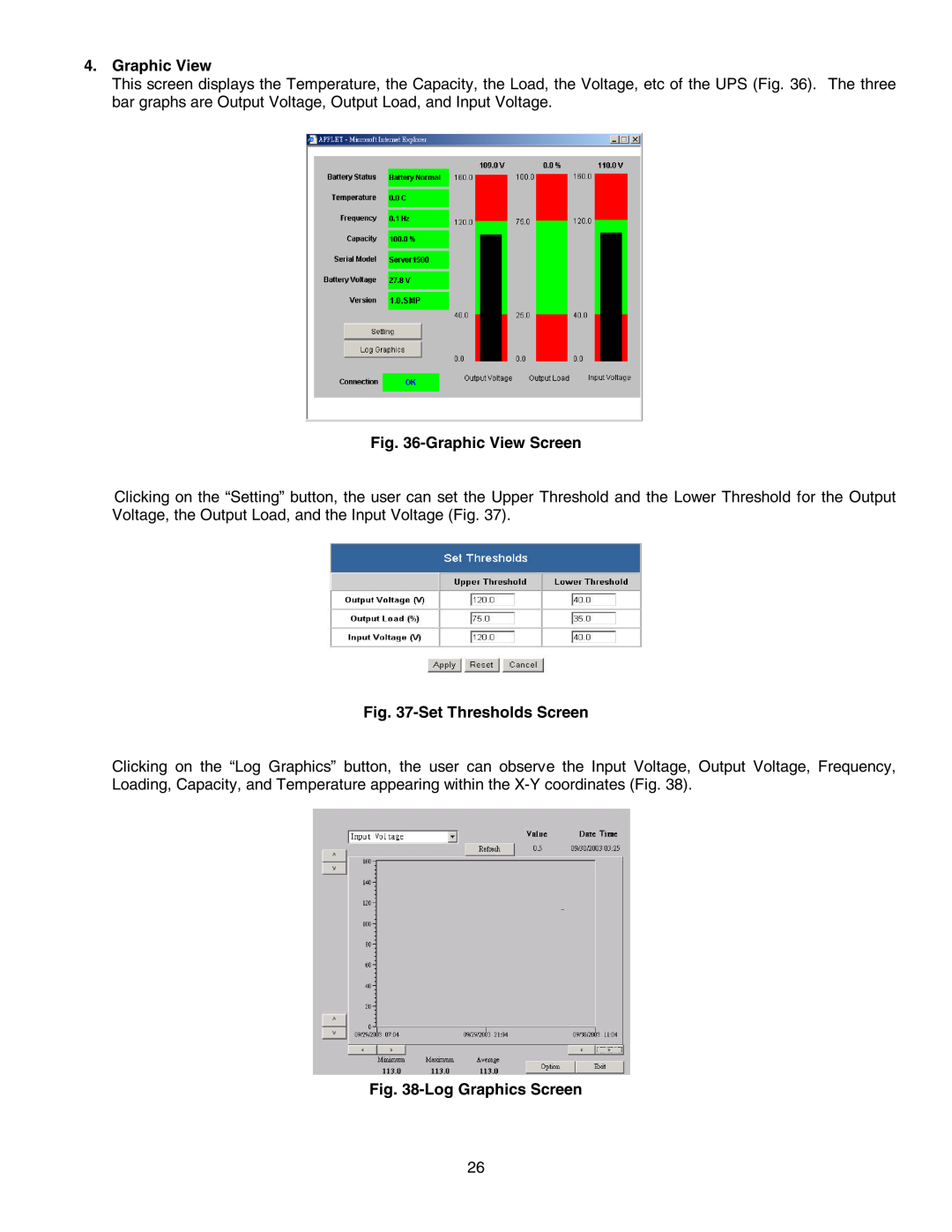 Minuteman UPS SNMP-32 Series user manual Graphic View Screen, Set Thresholds Screen, Log Graphics Screen 