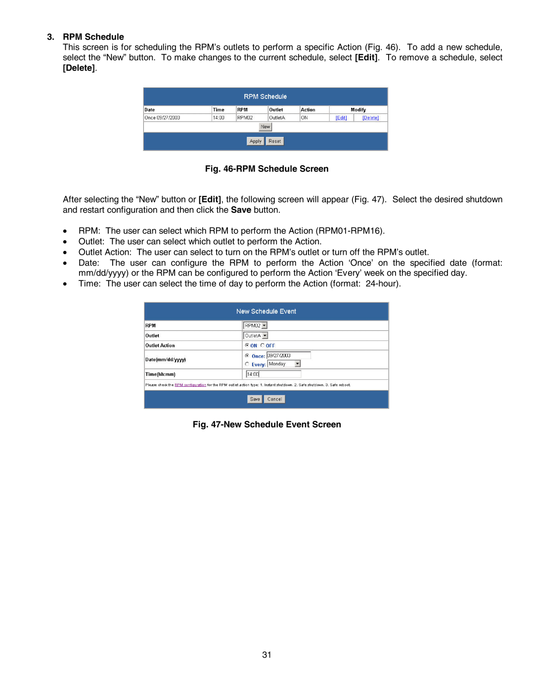 Minuteman UPS SNMP-32 Series user manual RPM Schedule Screen, New Schedule Event Screen 
